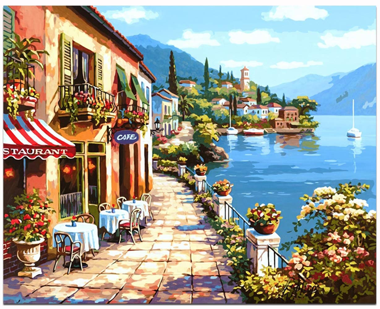 Kampo DIY Paint By Numbers for Kids Adults,Canvas DIY Oil Painting Kit with Brushes and Acrylic Pigment for Home Decoration,16 x 20 inch Seaside Cafe