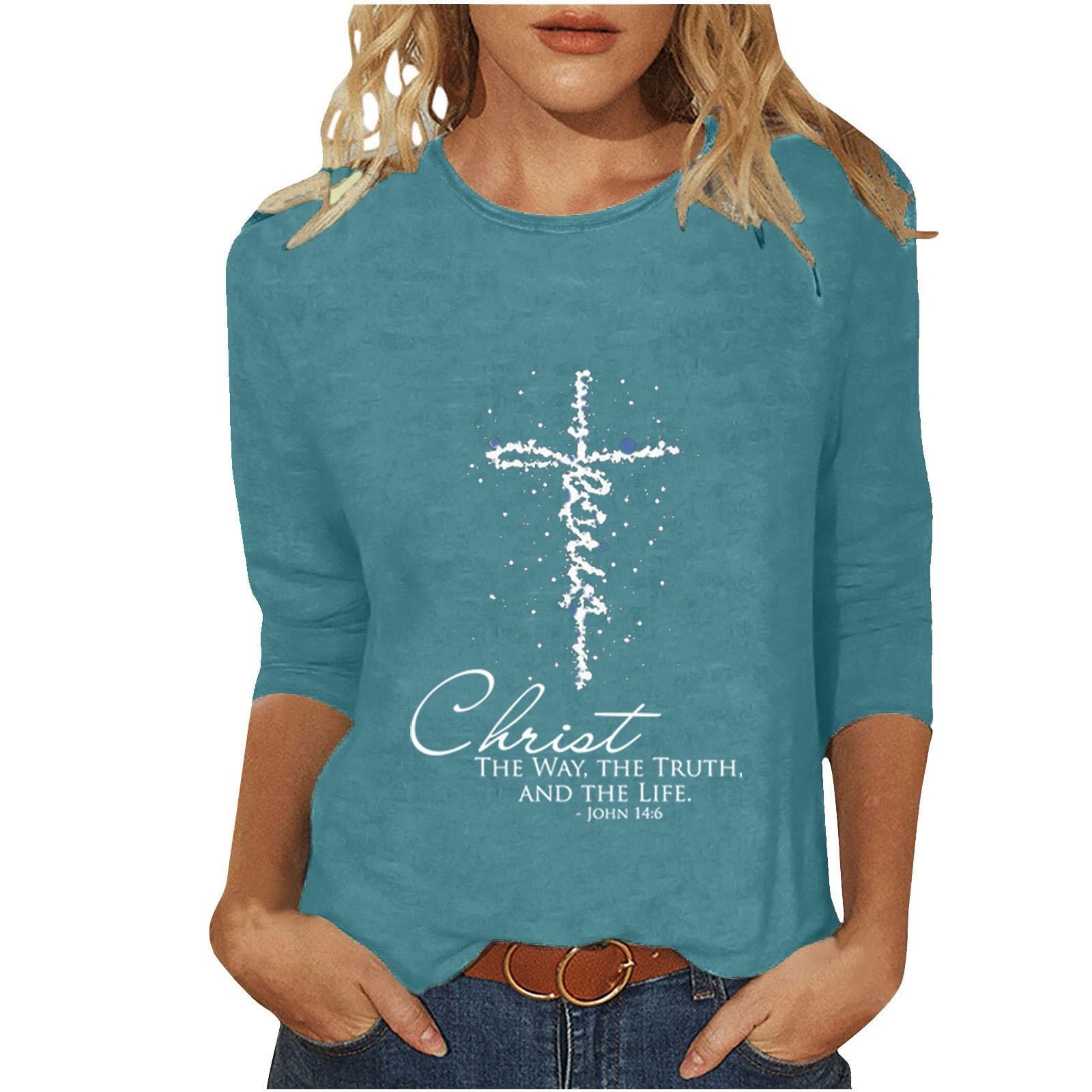 Women Easter Day Tops Jesus Cross Printed Tee Casual Christian Blouse 3/4 Sleeve T-Shirt Religious Blouses
