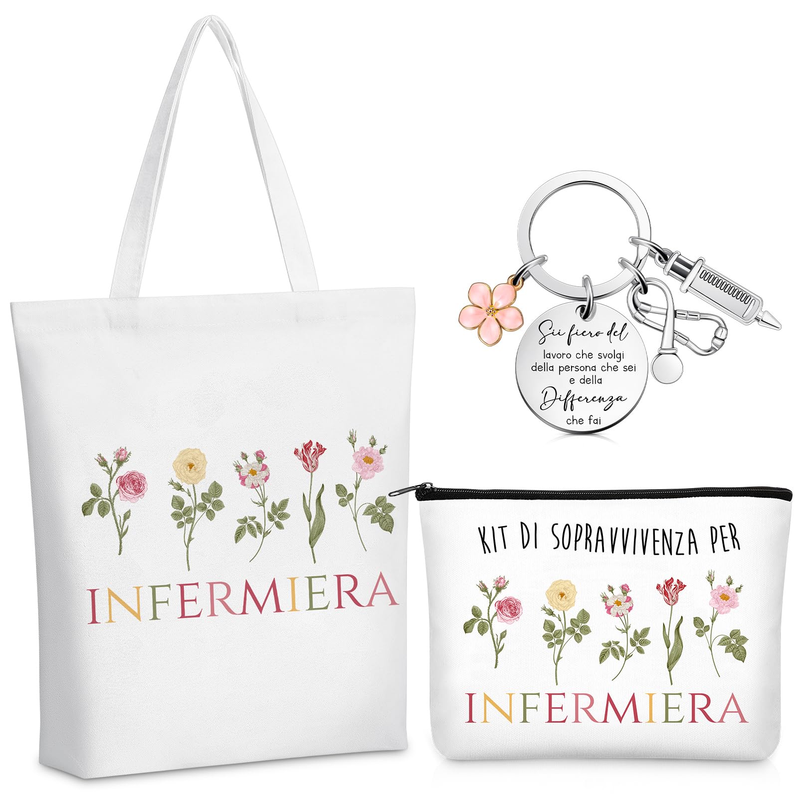Xuniea 3 Pezzi Set Regali di Ringraziamento per Infermiera Borsa di Tela Borsa Cosmetica Pochette per Trucco con Cerniera Portachiavi Motivazionali Regalo per Infermiera Donna Festa Natale Laurea