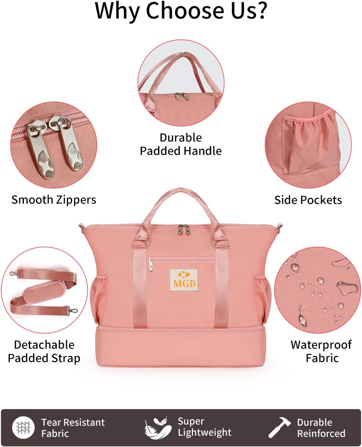 Weekender Bags for Women Travel, Carry On Personal Item Duffle Bag, Water Resistant Gym Bag with Toiletry Bag, Shoe Compartment & Wet Pocket, Pink-Large