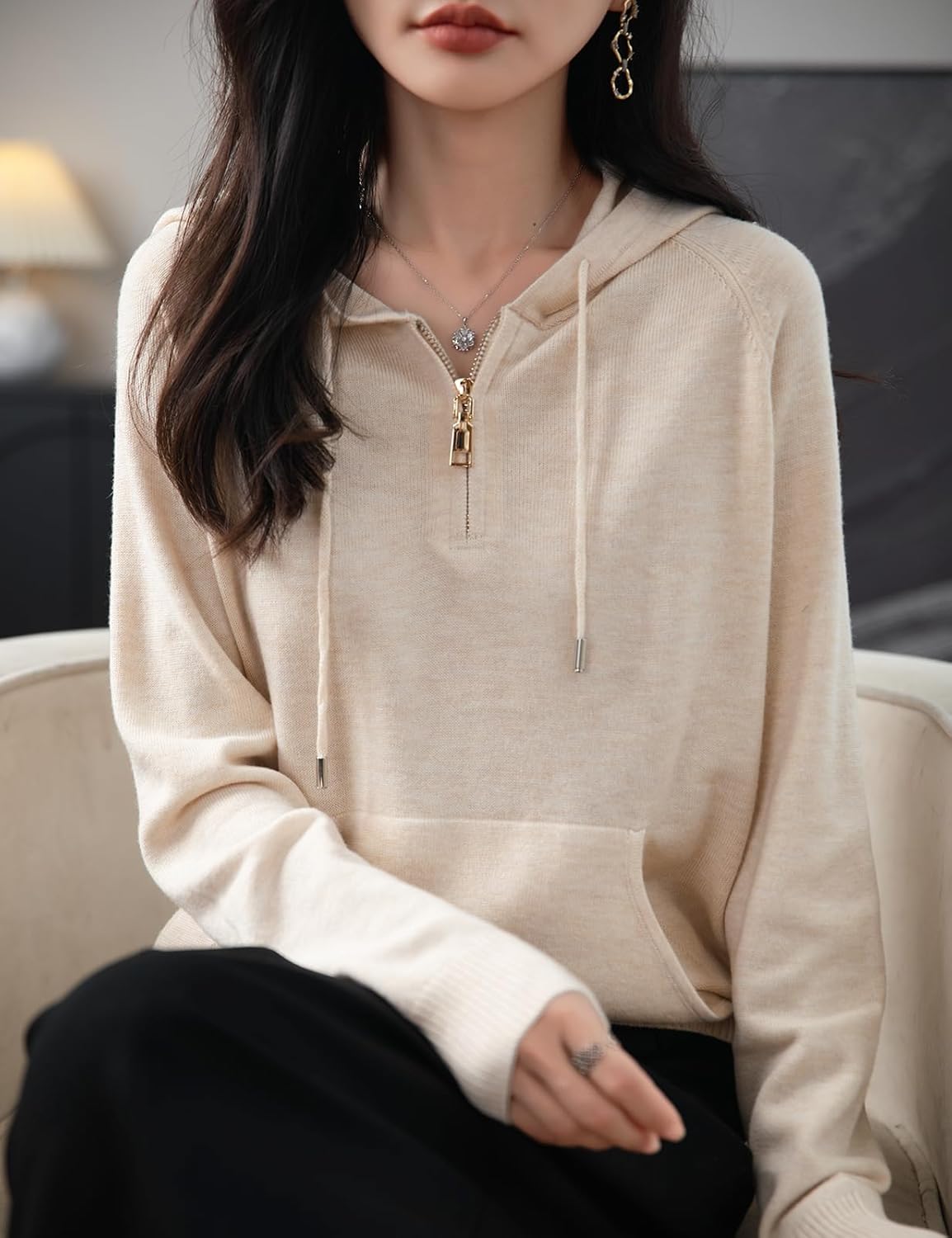 Women's Merino Wool Blend Hoodies 2025 Fall Winter Sweatshirt Crewneck Long Sleeve Knitted Pullover with Zipper - Image 2