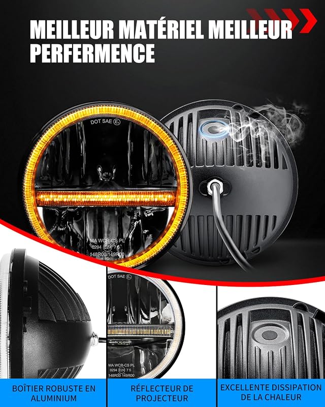 BraveWAY 7 Inch 60W LED Fényszóró Wrangler JK-hez Hi-Lo Fehér Sárga DRL H4-H13