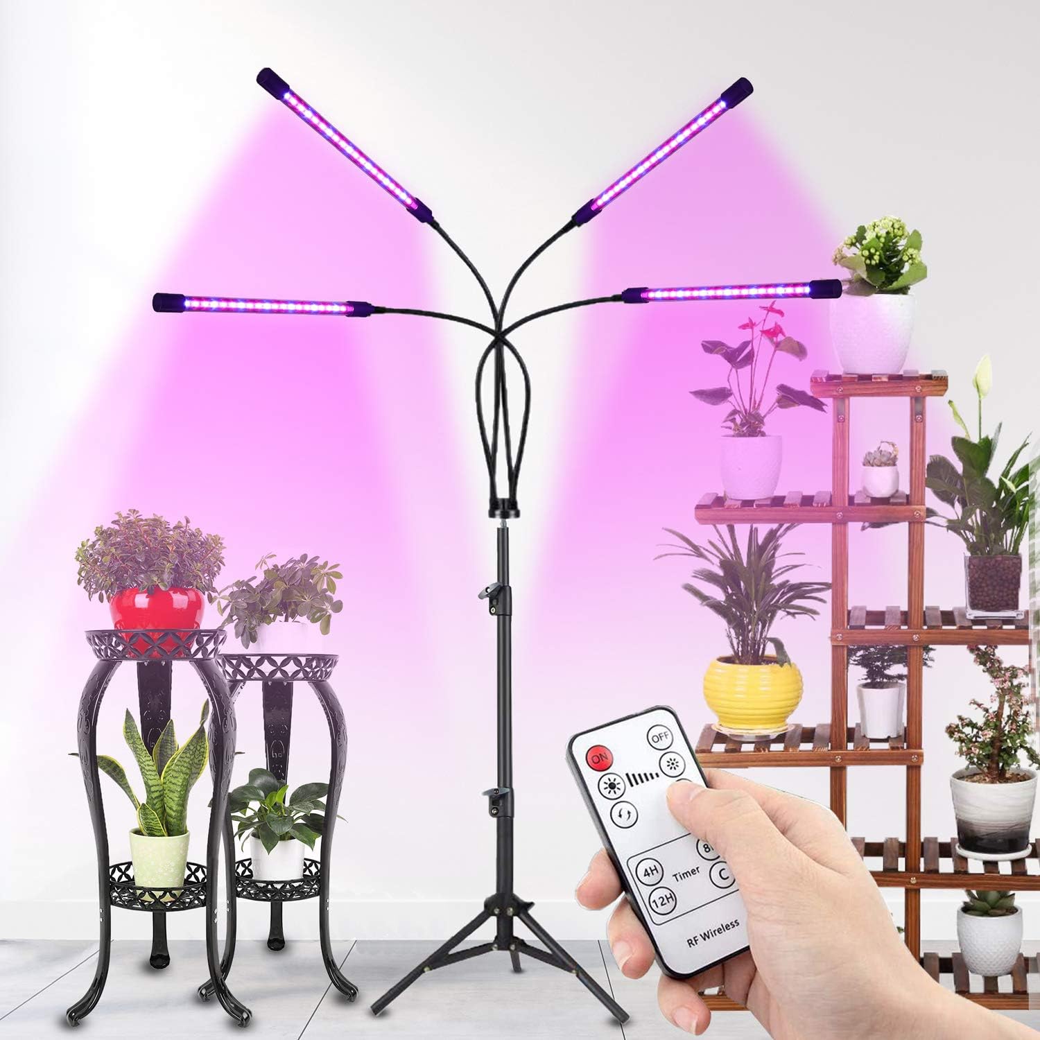 TACAHE LED Plant Grow Light with Stand, Plant Lights for Indoor Plants with Remote, Red Blue Spectrum Grow Lamp, Auto ON/Off 4/8/12H Timer, 10 Dimmable Level, Adjustable Tripod.