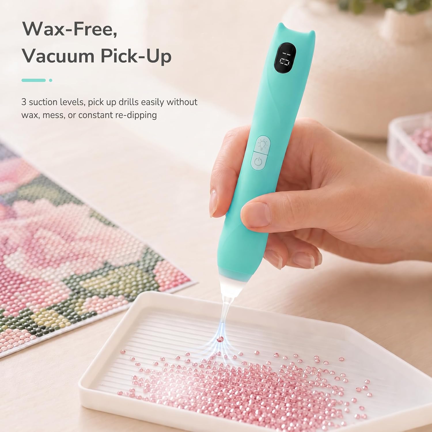 ooooops Electric Diamond Art Vacuum Pen with Light, Wax-Free Rechargeable Cordless Diamond Painting Pen for Adults (Robin's Egg Blue) | 3 Suction Levels, 4 Drill Tips, Ergonomic Grip, Diamond Art Kit Tools & Accessories