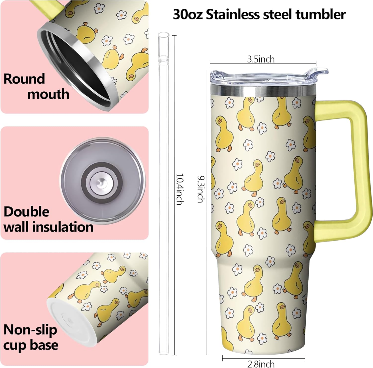 30 oz Duck Tumbler with Handle and Straw, Insulated Stainless Steel Cup with Lid, Travel Coffee Mug Water Bottle, Gifts for Woman Animal Lovers - Image 2