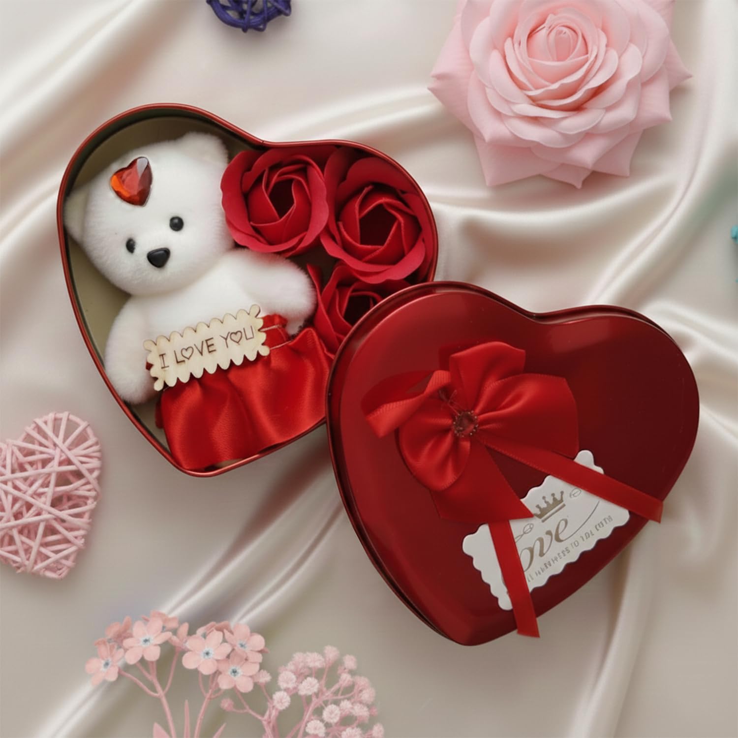 ascension Heart Shaped Valentines Day Gift Box with I Love You Message Teddy Bear 3 Red Roses Valentine Gift for Girlfriend Boyfriend Husband Wife Valentines Day Gift Valentine Day Decoration Items