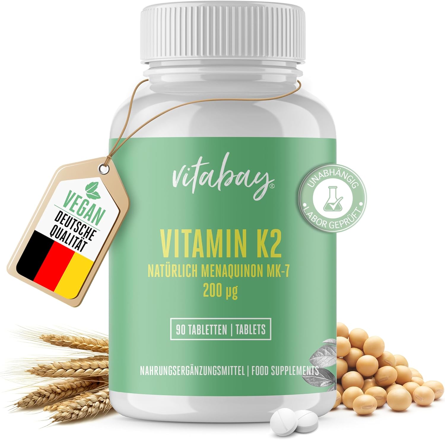 Vitabay Vitamin K2 hochdosiert 200 µg (mcg) VEGAN 90 Vitamin K2 Tabletten MK7 MK7 Vitamin