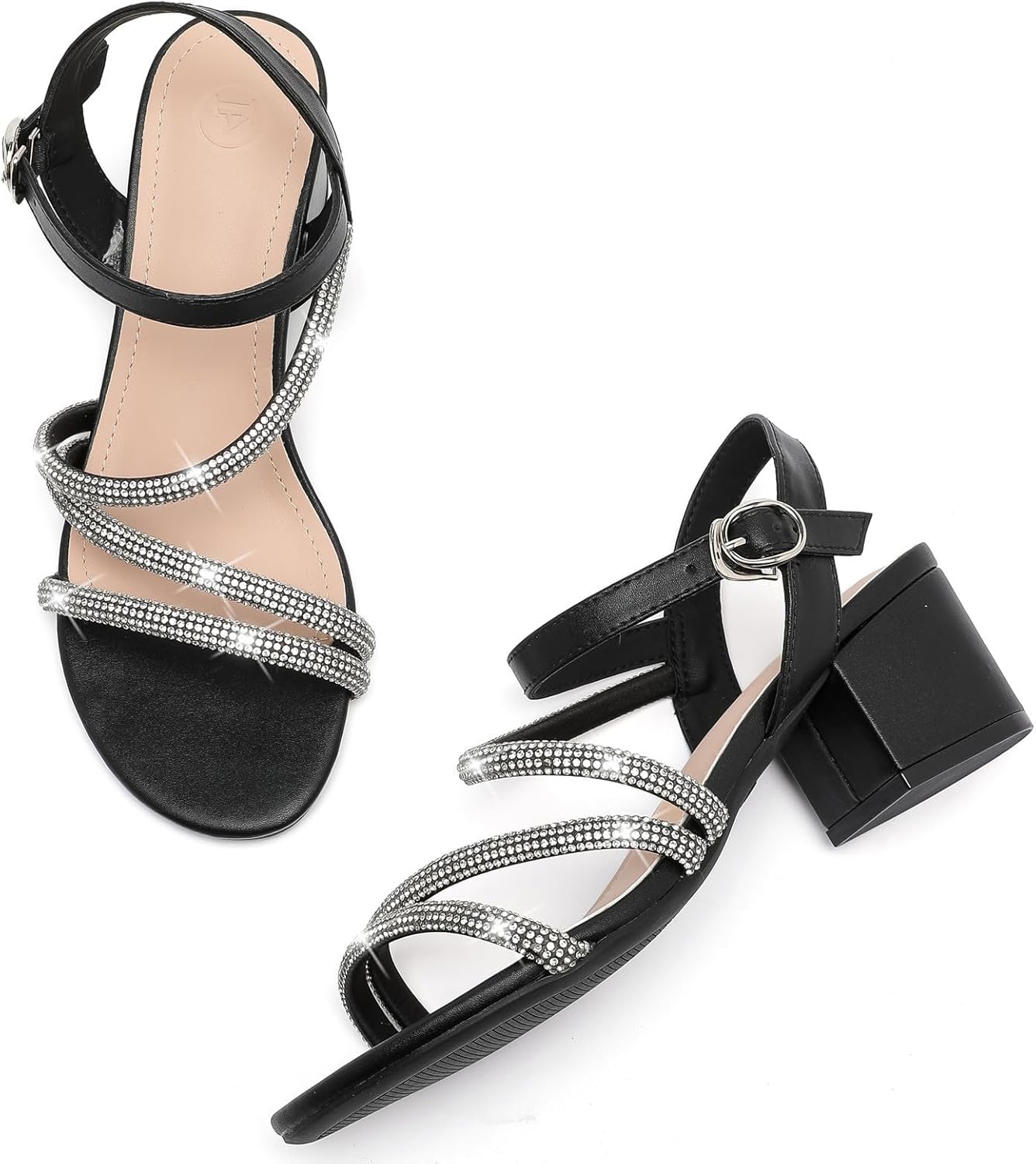 DADAWEN Women's Strappy Open Toe Rhinestone Low Block Chunky Heels Sandals Ankle Buckle Heeled Sandals Wedding Party Dress Pumps Shoes - Image 5