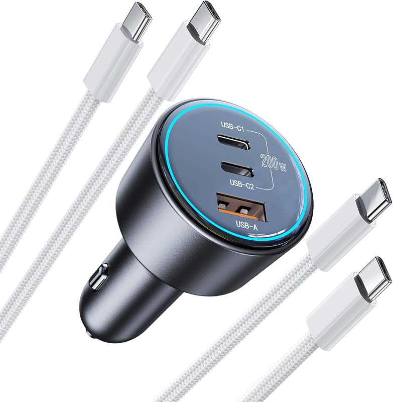200W Super Fast Car Charger, Adapter with 2×100W USB C to C Cables, | USB C Car Charger PD3.0/QC4.0, 12V-24V Vehicle Compatible, LED Light & Overheat Protection