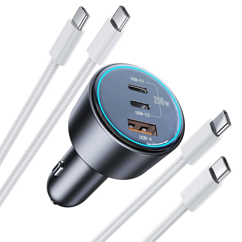 200W Super Fast Car Charger, Adapter with 2×100W USB C to C Cables,