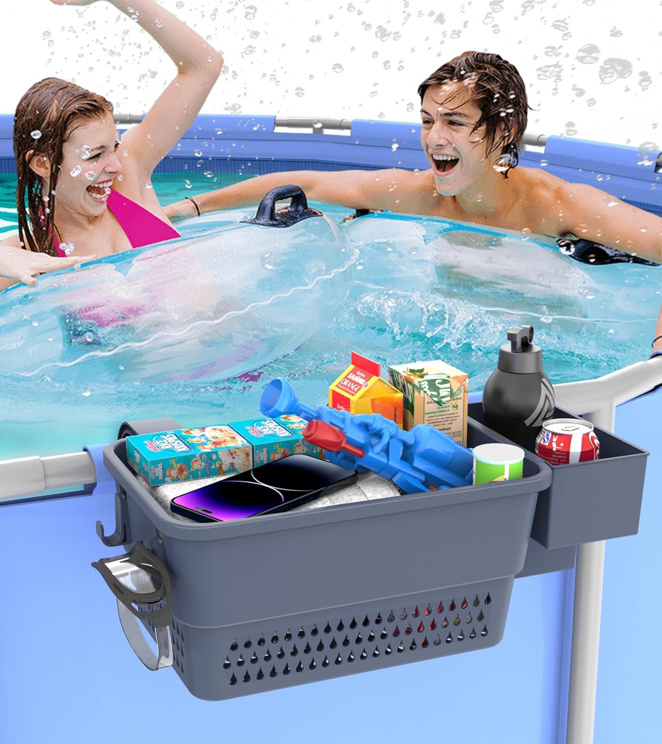Poolside Storage Basket, Awiivee Pool Toy Storage Basket with Pool Drink Cup Holder, Above Ground Pool Accessories, Swimming Pool Toy Basket, Multipurpose Basket for Most Frame Pools-2 Pack (Grey)