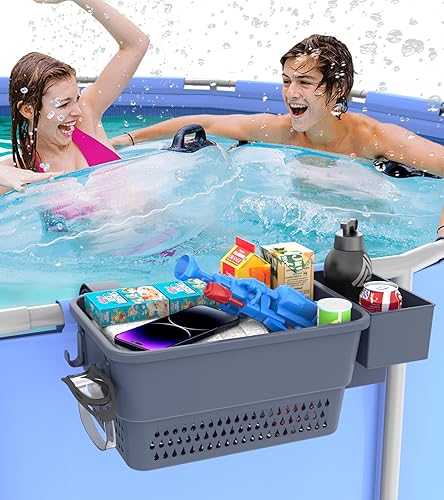 Miniatura 6 de Cesta de almacenamiento junto a la piscina, cesta de almacenamiento de juguetes de piscina con soporte para tazas de bebidas para piscina,