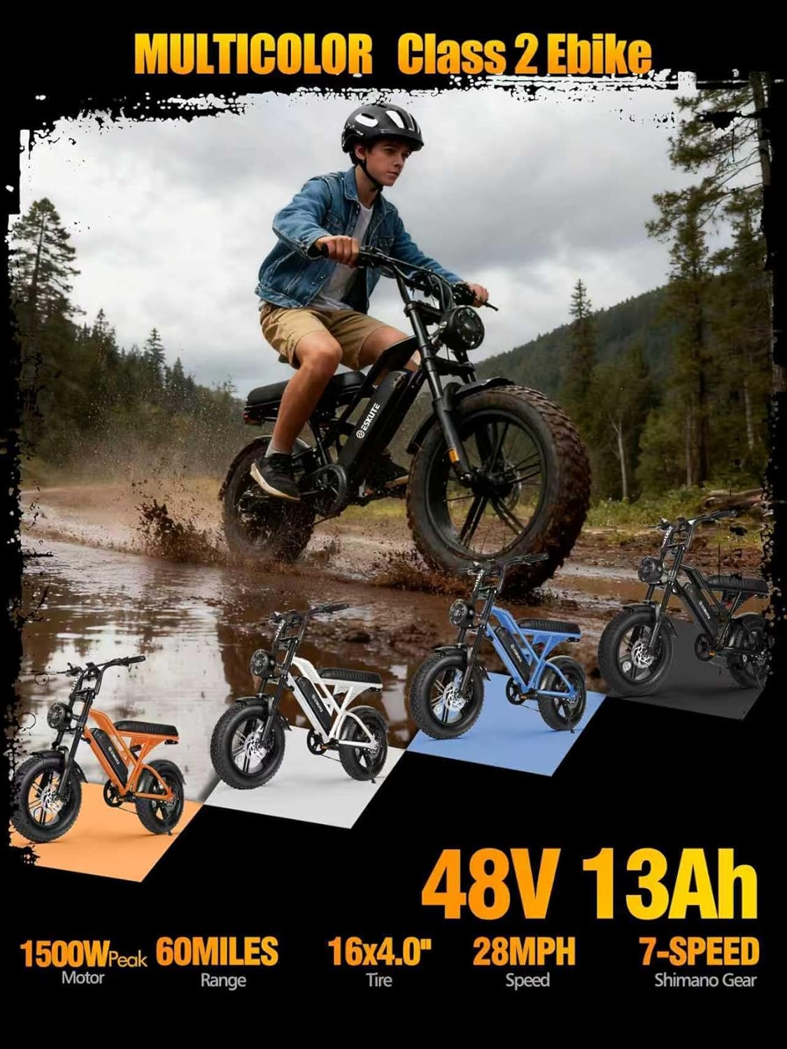 ESKUTE V100 Electric Bike for Adults, Electric Dirt Bike 1500W Peak Motor, All Terrain Dual Suspension E Bike 28MPH Top Speed, Ebike Up to 60 Miles Range, 16" Fat Tire, 48V13Ah Battery, 7-Speed