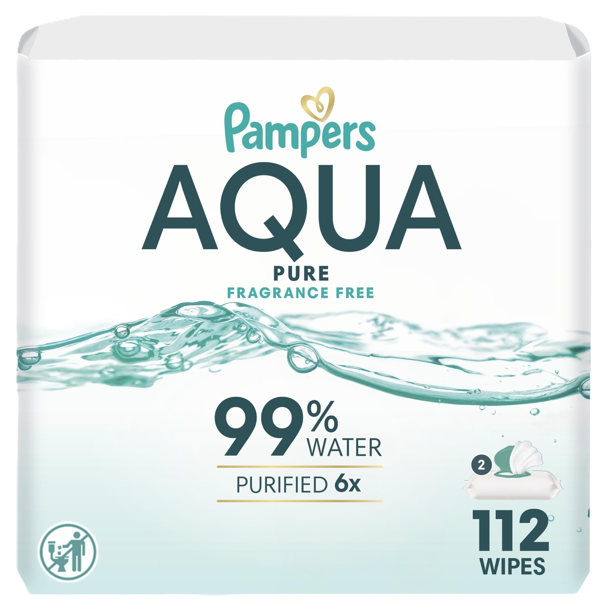 Pampers Baby Wipes Aqua Pure, 99% water-based wipes, Hypoallergenic and Unscented Baby Wipes, 112 Wipes Total (2 Flip-Top Packs)