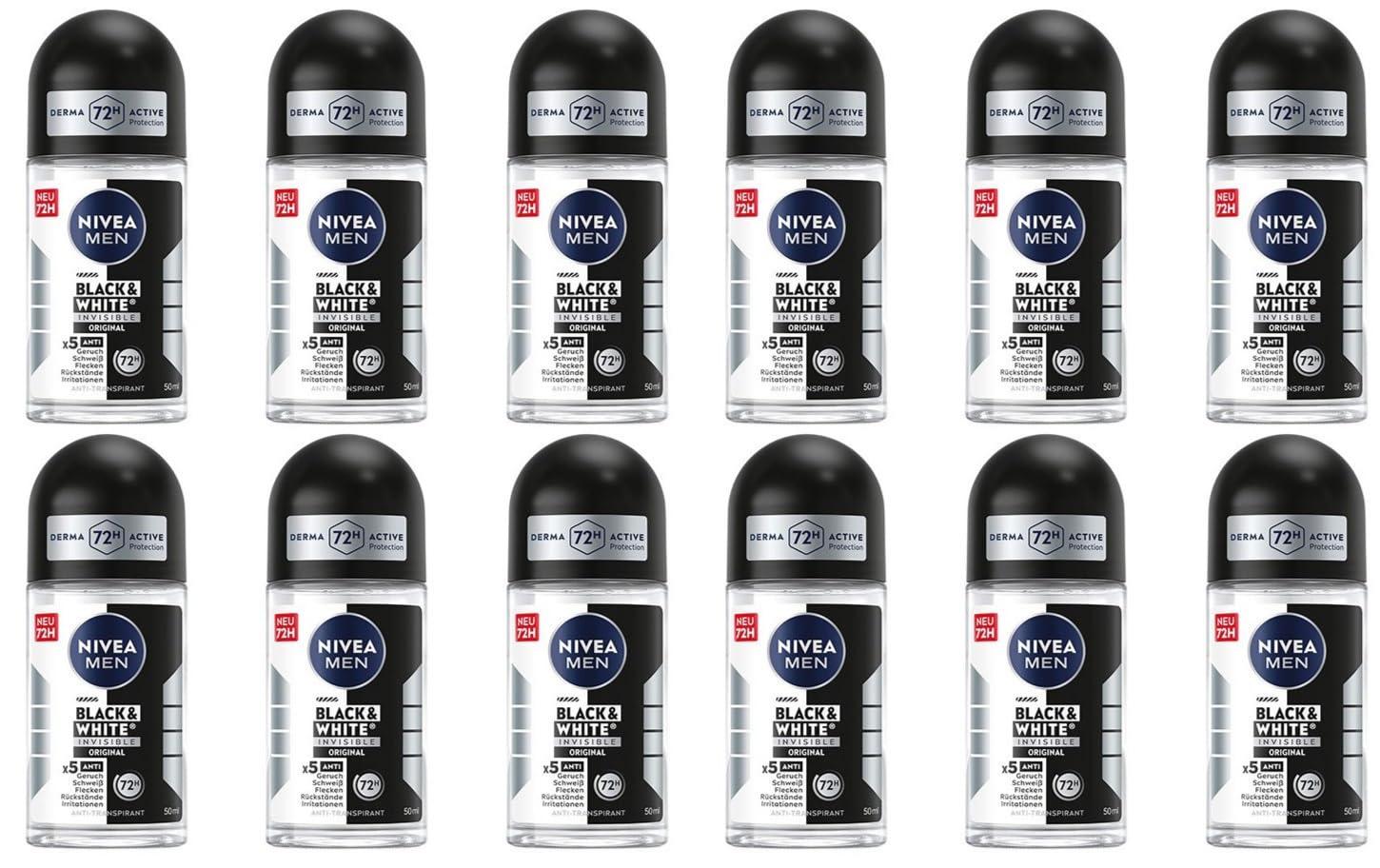 12x NIVEA MEN Black & White Invisible Original Deo Roll-On Antitranspirant mit 72h Schutz und Anti-Flecken-Formel Deodorant ohne Ethylalkohol mit frischem Duft,50ml (12er Pack)