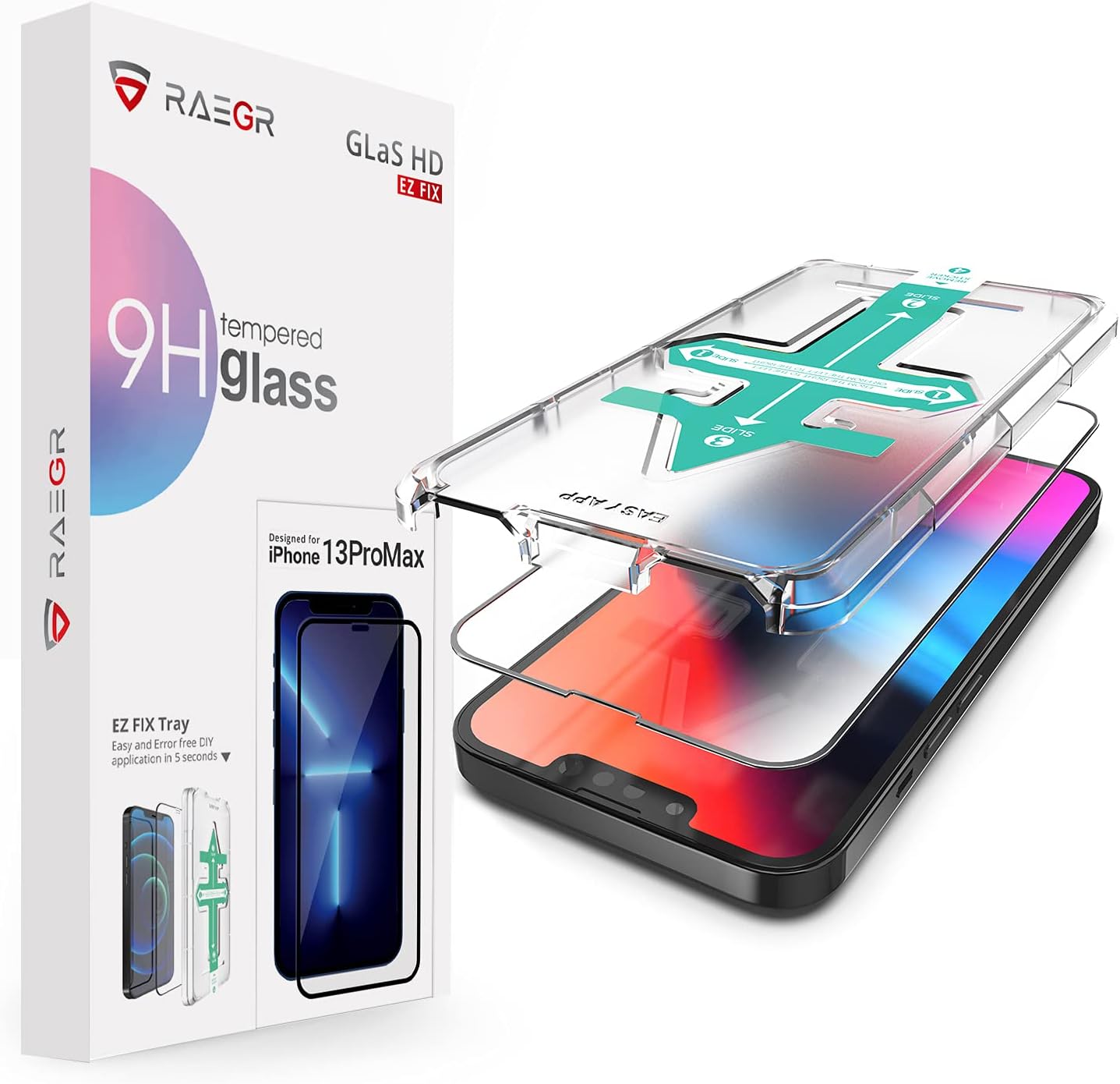 RAEGRGlas HD EZ Fix Full Cover Tempered Glass Screen Protector/Screen Guard Compatible with iPhone 13 Pro Max/iPhone 14 Plus (6.7-Inch) - Clear RG10246 (Pack of 1 with Easy Applicator)