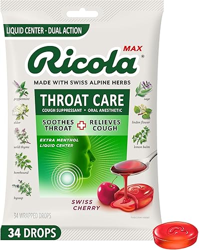 Ricola Max Swiss Cherry - Bolsa grande para el cuidado de la garganta, gotas supresoras de la tos, centro líquido de doble acción, alivio calmante y