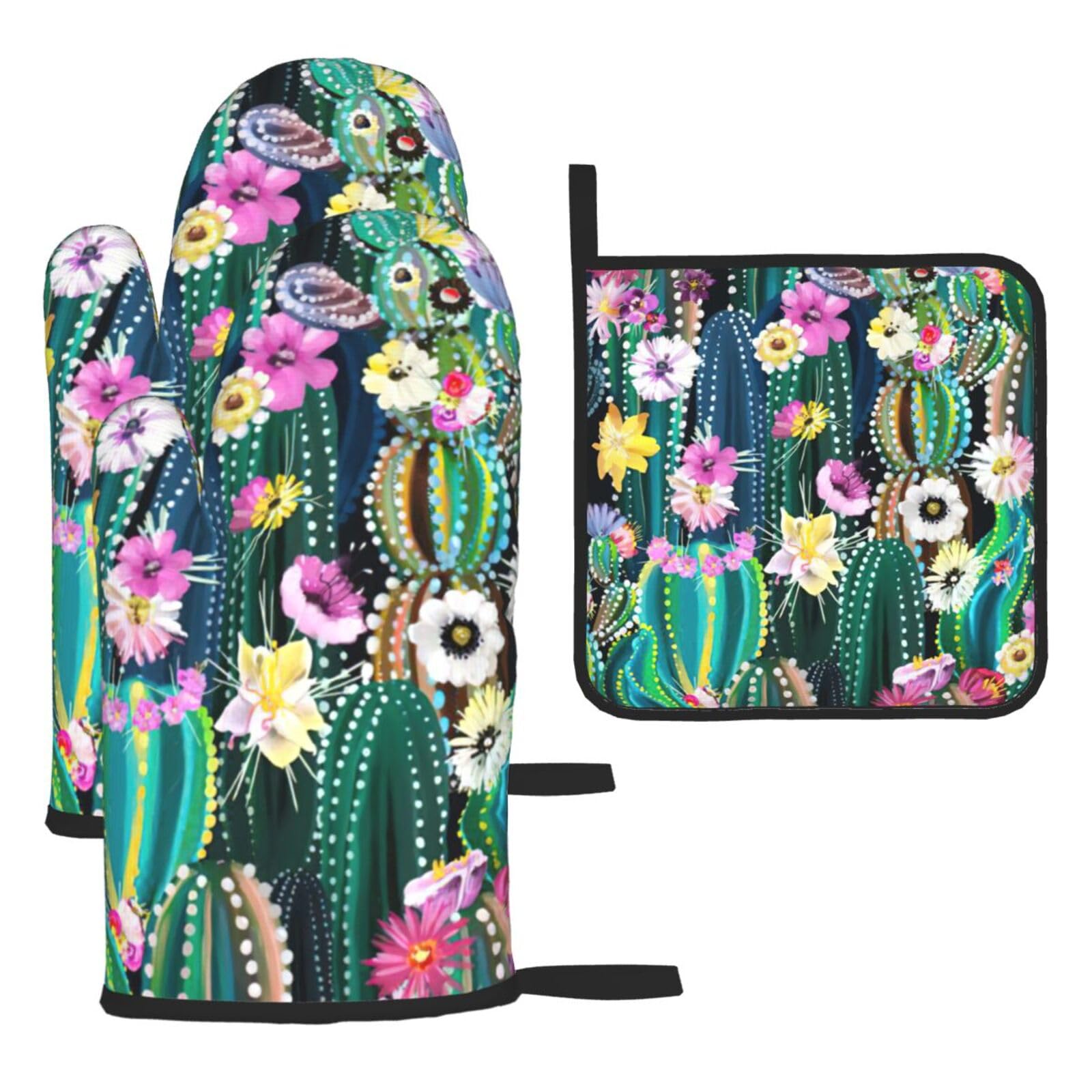 Blooming Cactus Print Oven Kitchen Gloves For Baking Outdoor Grilling Home Use Mitts Microwaving Bbq