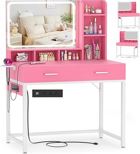 Escritorio de tocador pequeño, escritorio de tocador con espejo y luces, escritorios de maquillaje con regleta de enchufes, mesa de tocador con
