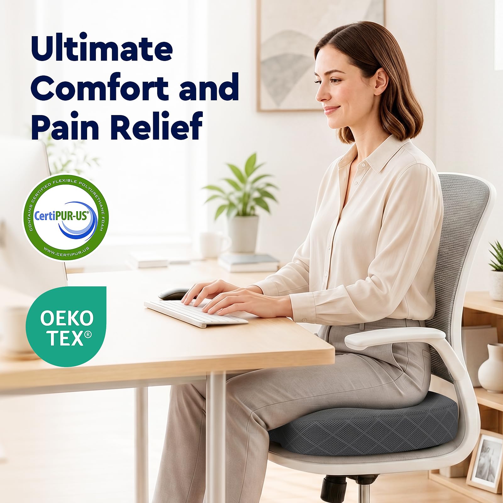 TushGuard Seat Cushion - Memory Foam Cushion for Office Chair, Car Seat, Airplane, Bleacher - Sciatica & Hip & Coccyx Pain Relief Desk Chair Cushion for Long Sitting Office Workers, Car Drivers