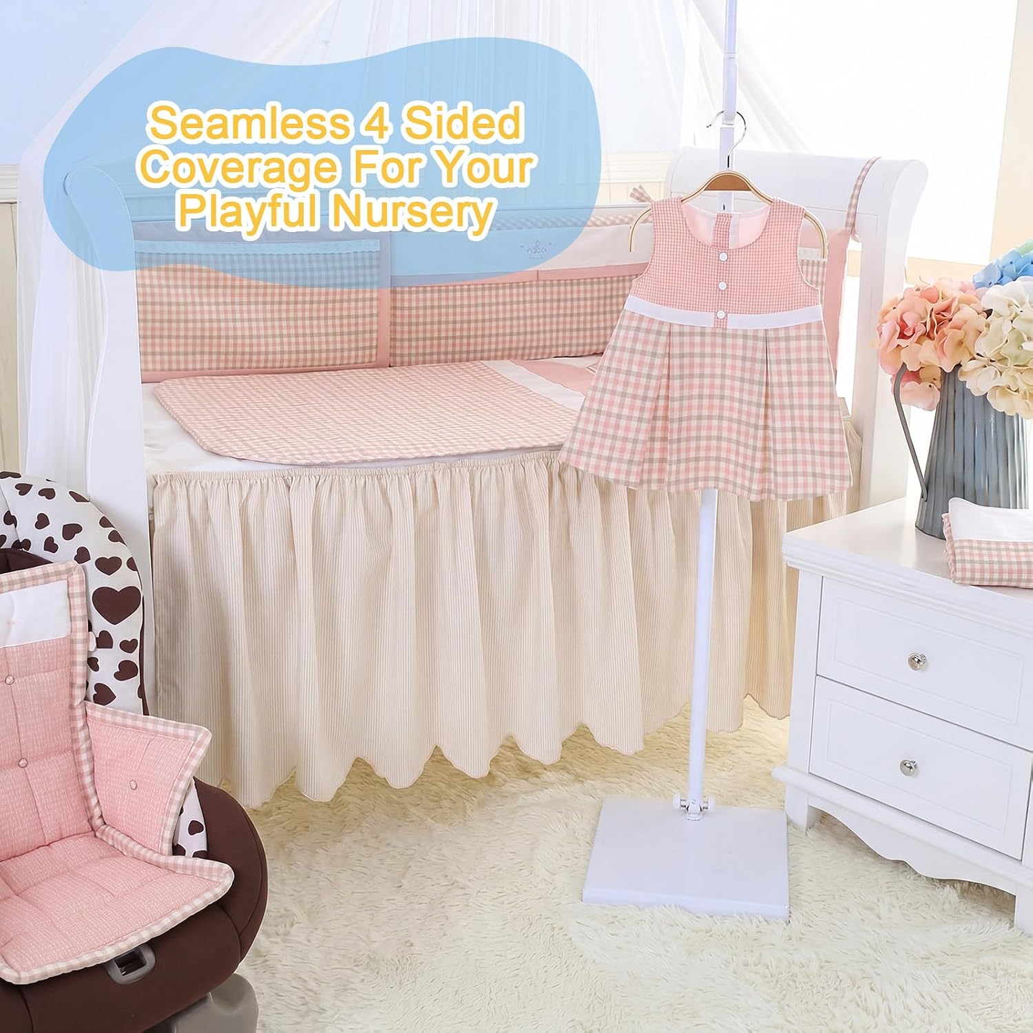 Mindsoft Beige Scallop Edge Cotton Crib Skirt Ticking Strip Farmhouse Chic Nursery Bed Skirt Gender Neutral for Baby Boys Girls Fits Standard Cribs Toddler Beds, 52" x 28" x 16" Drop