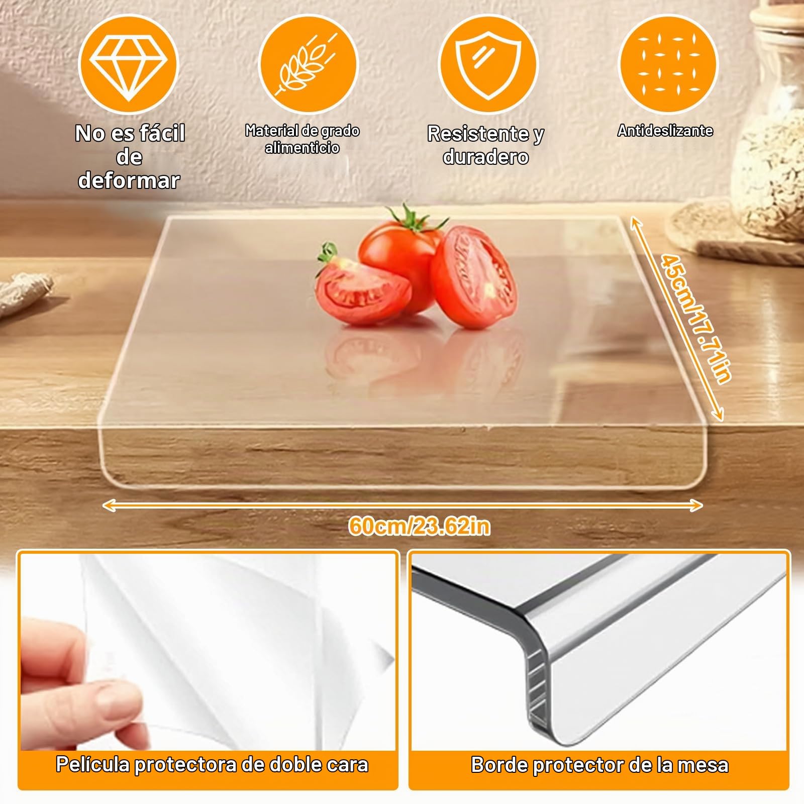 Qivine 45x60cm Tabla Cortar Cocina Plastico, Acrílica Transparente Protector Vitroceramica con Borde, Antideslizante Cubre Encimera Multifuncional para Cortar Frutas, Pan, Verduras