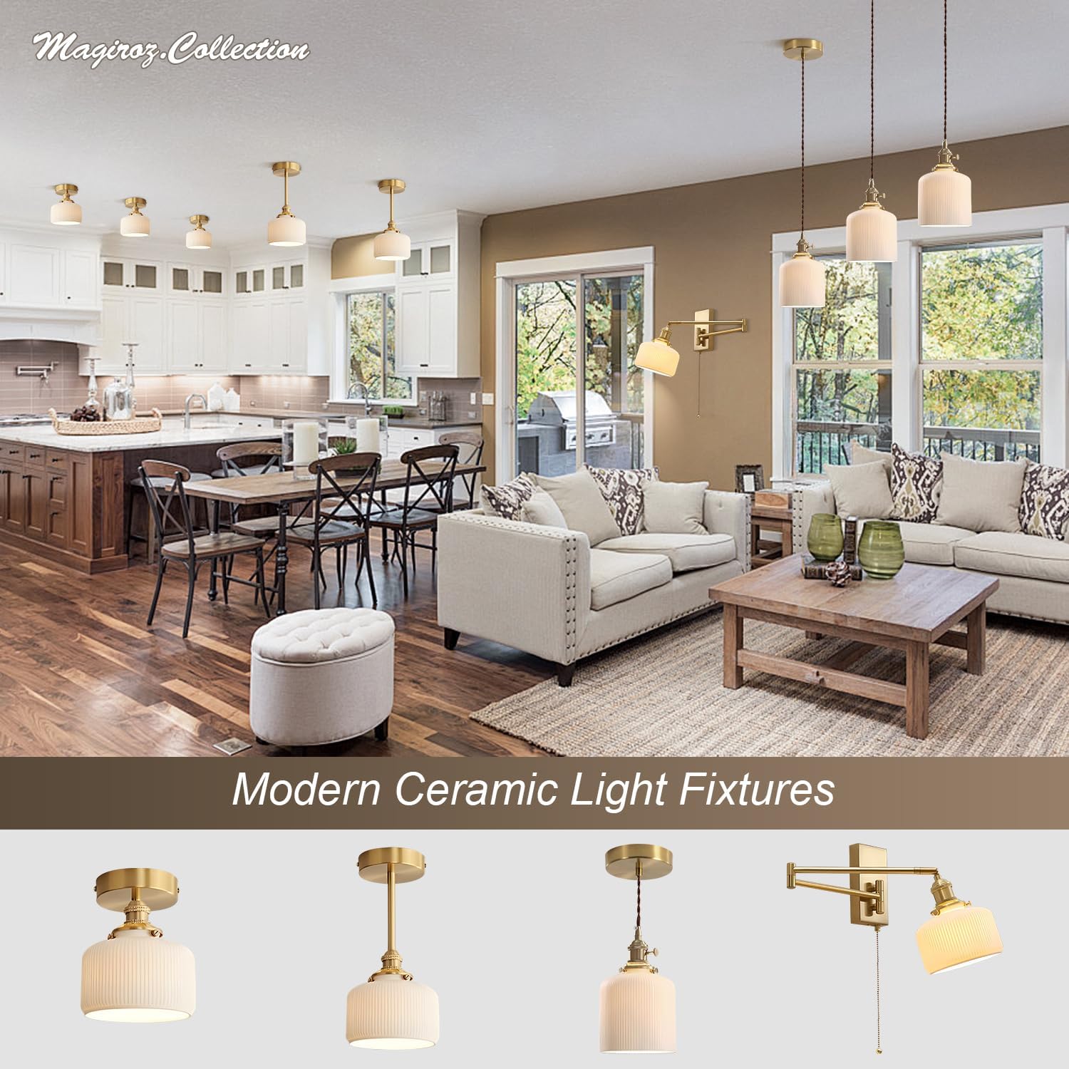 Mid Century Modern Pendant Light Fixture Minimalist White Ceramic Hanging Light Ribbed Glass Light Fixture Adjustable Single Brushed Brass Opal Glass Pendant Lights Kitchen Island MPL16B