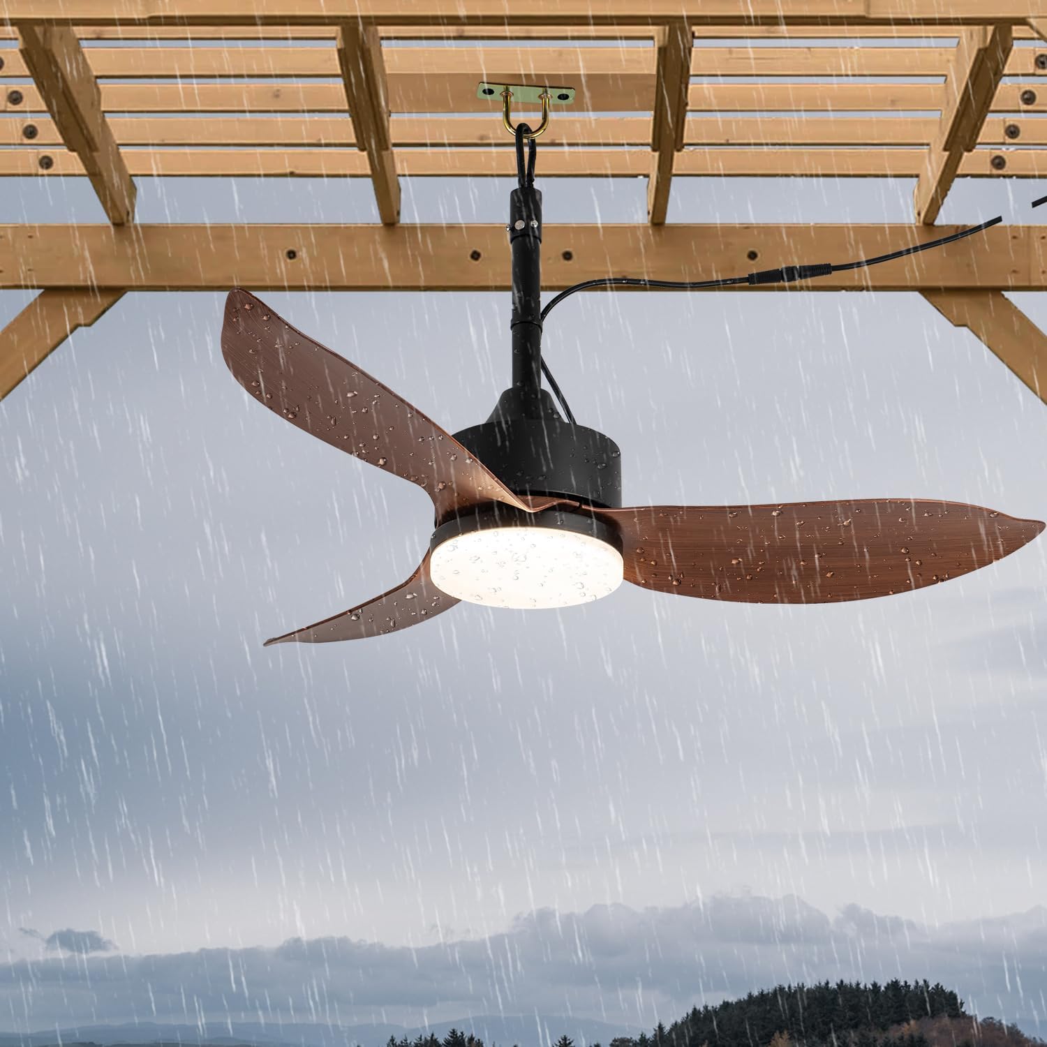 46" Gazebo Fans Outdoor Hanging for Pergola Patios, IP65 Waterproof Wet Rated Plug in Ceiling Fan, Black Blades