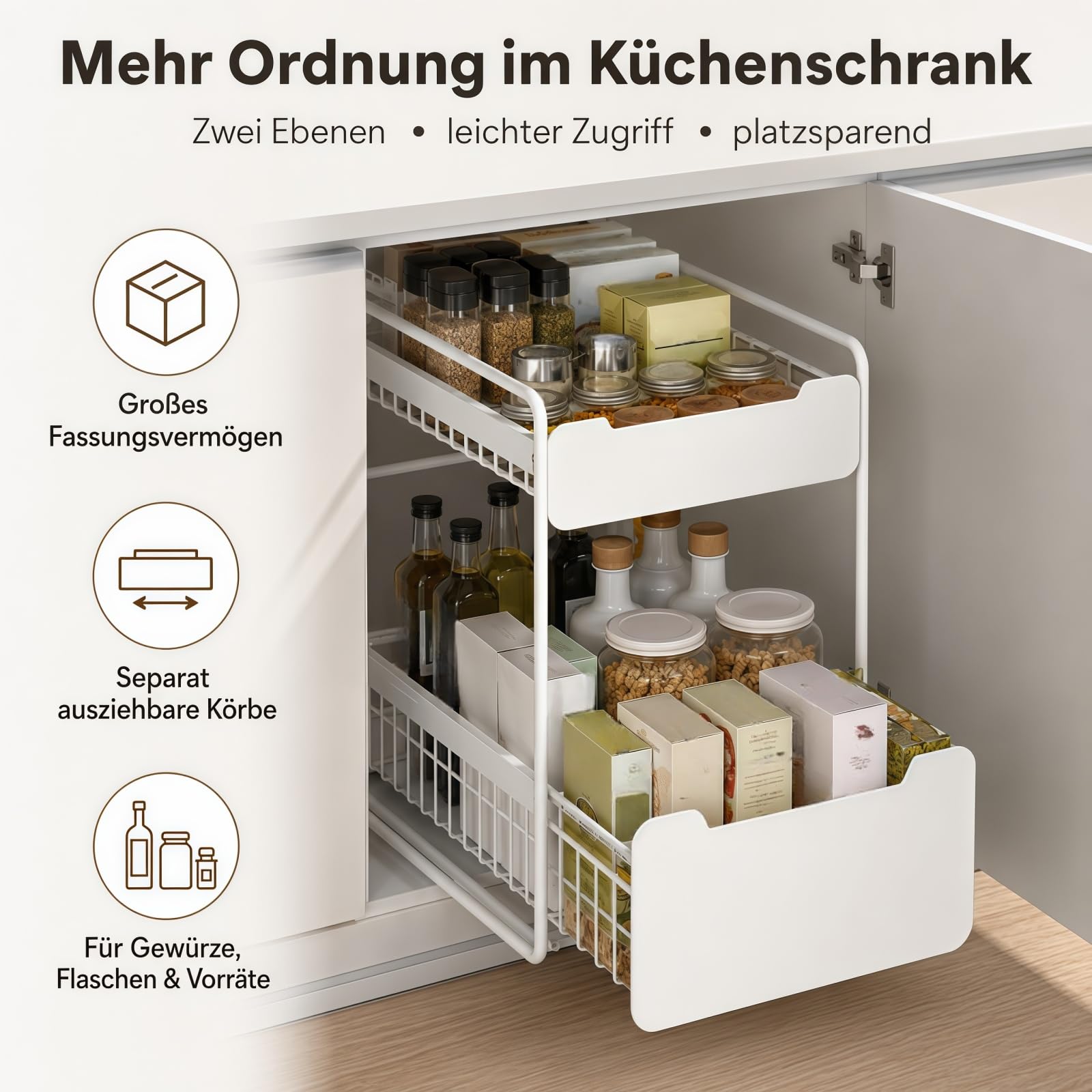 Generisch Küchenschrank Organizer Ausziehbar, Ausziehbare Schublade Küche, Teleskopschublade Küche für den Unterschrank, 2-stufiges Aufbewahrungssystem (Höhere Ausführung [30 cm breit])