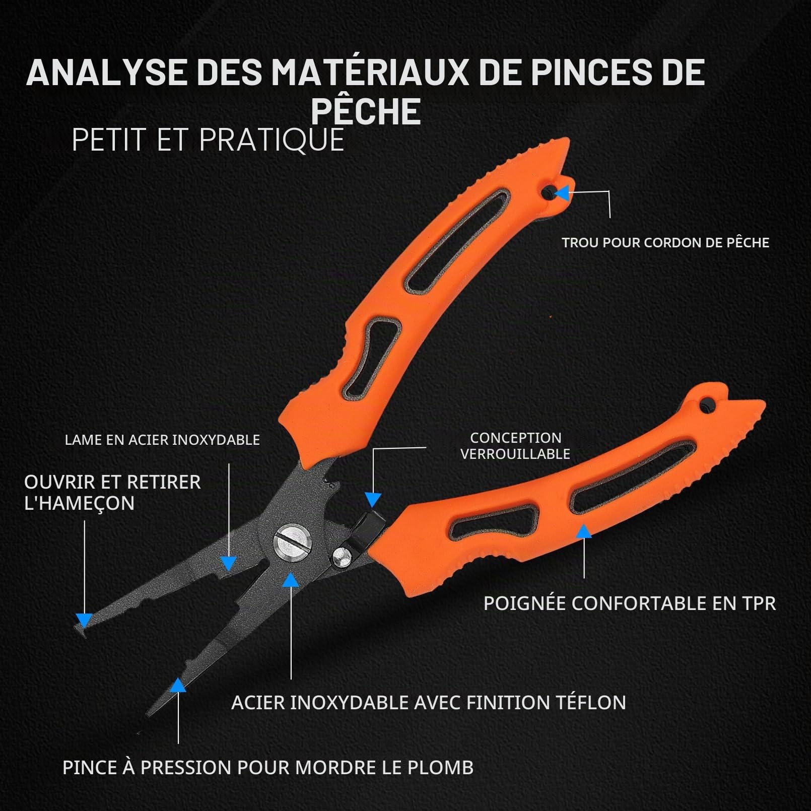 Croch Ensemble d'outils de pêche - Pince de pêche multifonction pour couper, desserrer les crochets, sertir et ouvrir les anneaux - Résistant à la corrosion, poignée antidérapante, tueur de poissons