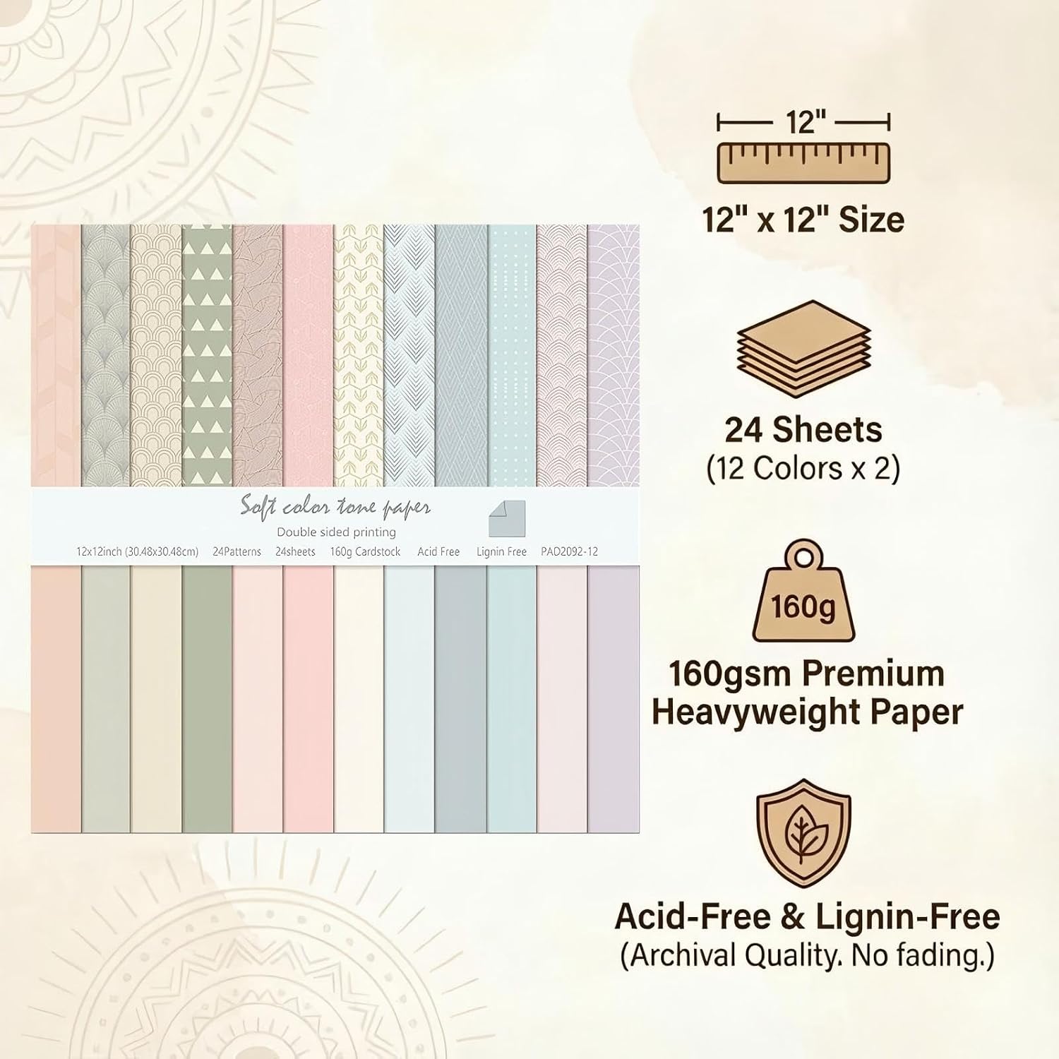 24 Sheets Scrapbook Paper - Boho Patterned Cardstock Paper Pads, 12"x12" 160gsm Coloured Double Sided Decorative Craft Papers for Scrapbooking, Card Making, Journaling and DIY Projects (Boho 1)