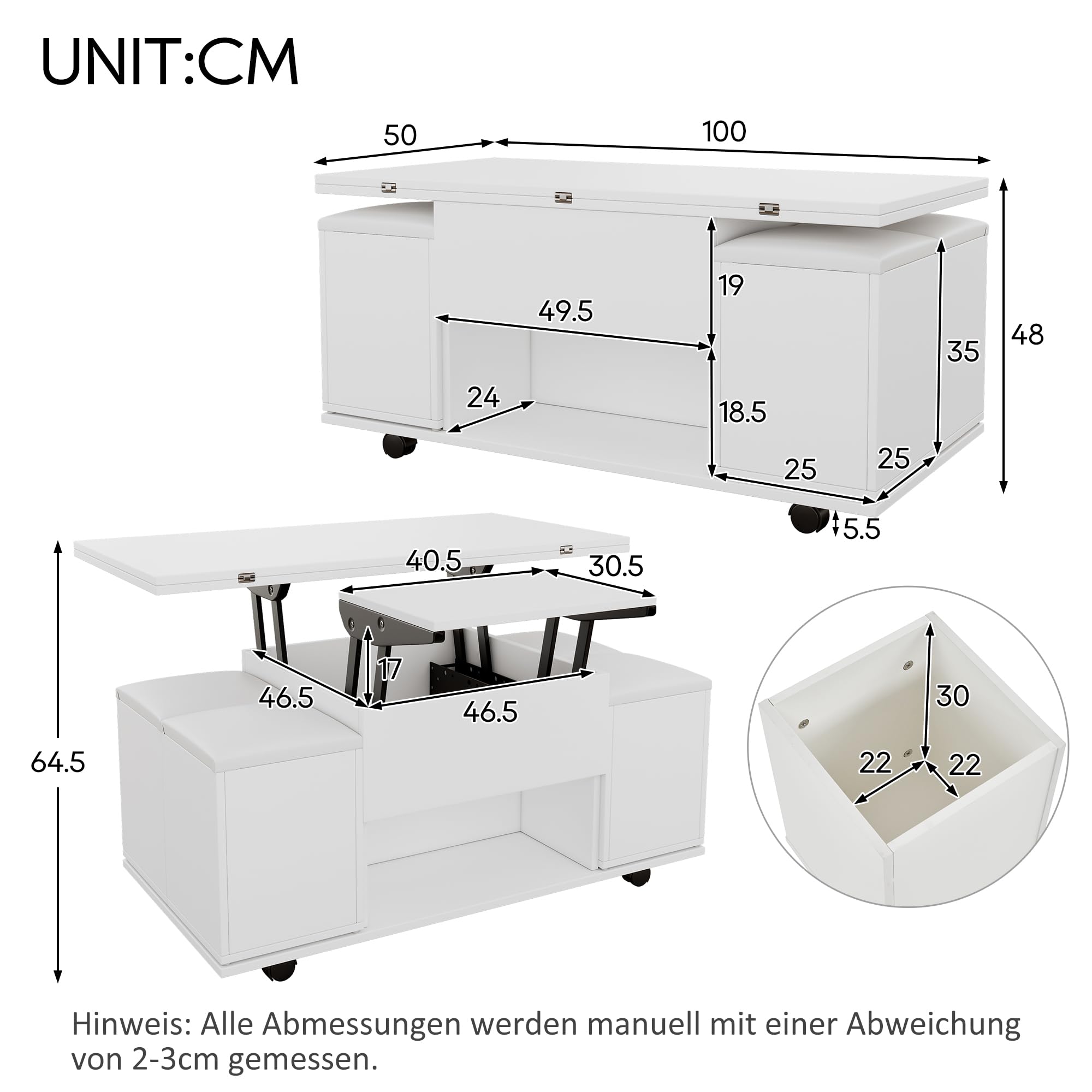 Mesa de Centro Elevable con Escritorio Elevable y 4 Taburetes Blandos, Mesa Central de Café con Tablero y Almacenamiento para salón, Mesa de Comedor Extensible, 100x100x64.5 cm, Blanco B