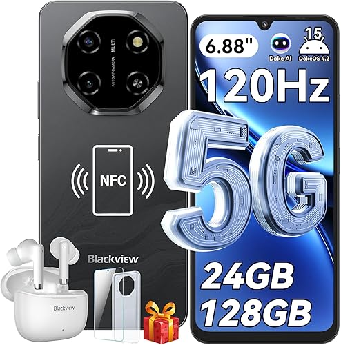 Blackview Shark 6 teléfonos Android desbloqueados 5G (2025), teléfono celular Android 15 desbloqueado, pantalla de 6.88 pulgadas 120Hz, 24 GB+128