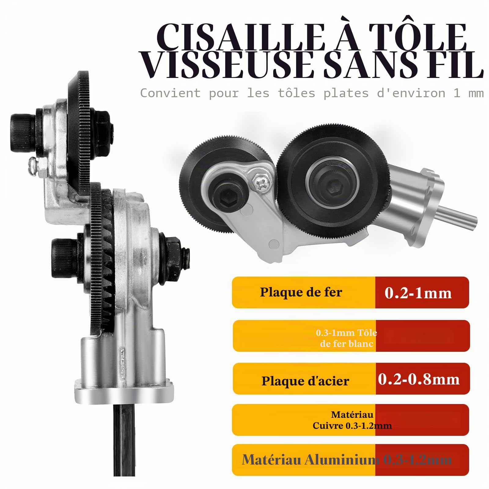 Cisaille à tôle électrique pour visseuse sans fil, grignoteuse de tôle de perceuse à main, pour couper le fer, la tôle blanche, l'acier, le cuivre, l'aluminium (L-001)