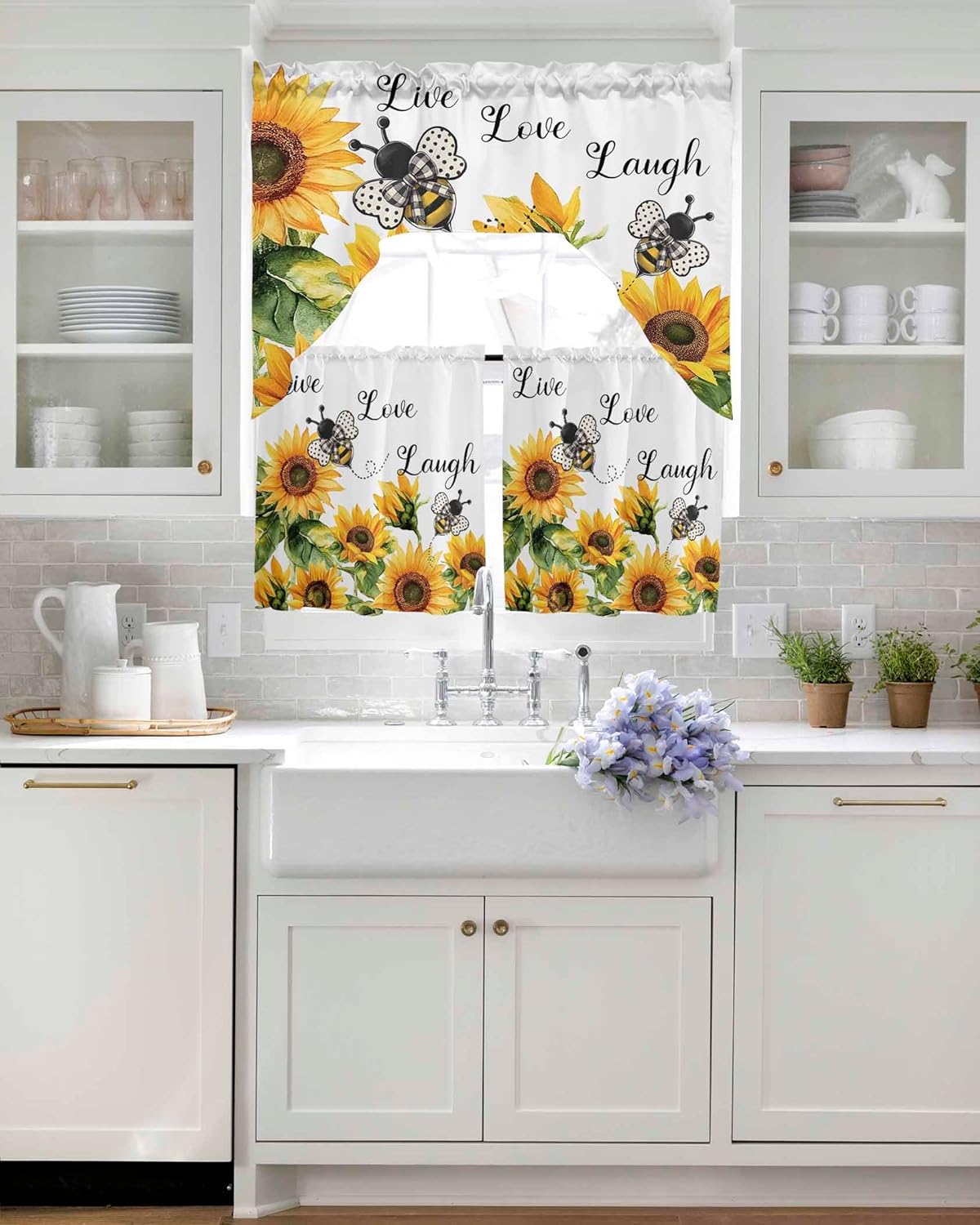 Sunflower Bee Swag Kitchen Curtains Valance and Tier Set 24 Inch Length, Vintage Yellow Floral Farmhouse Watercolor Rod Pocket Swag Curtains for Living Room Bedroom Bathroom Window Drapes 3 Piece