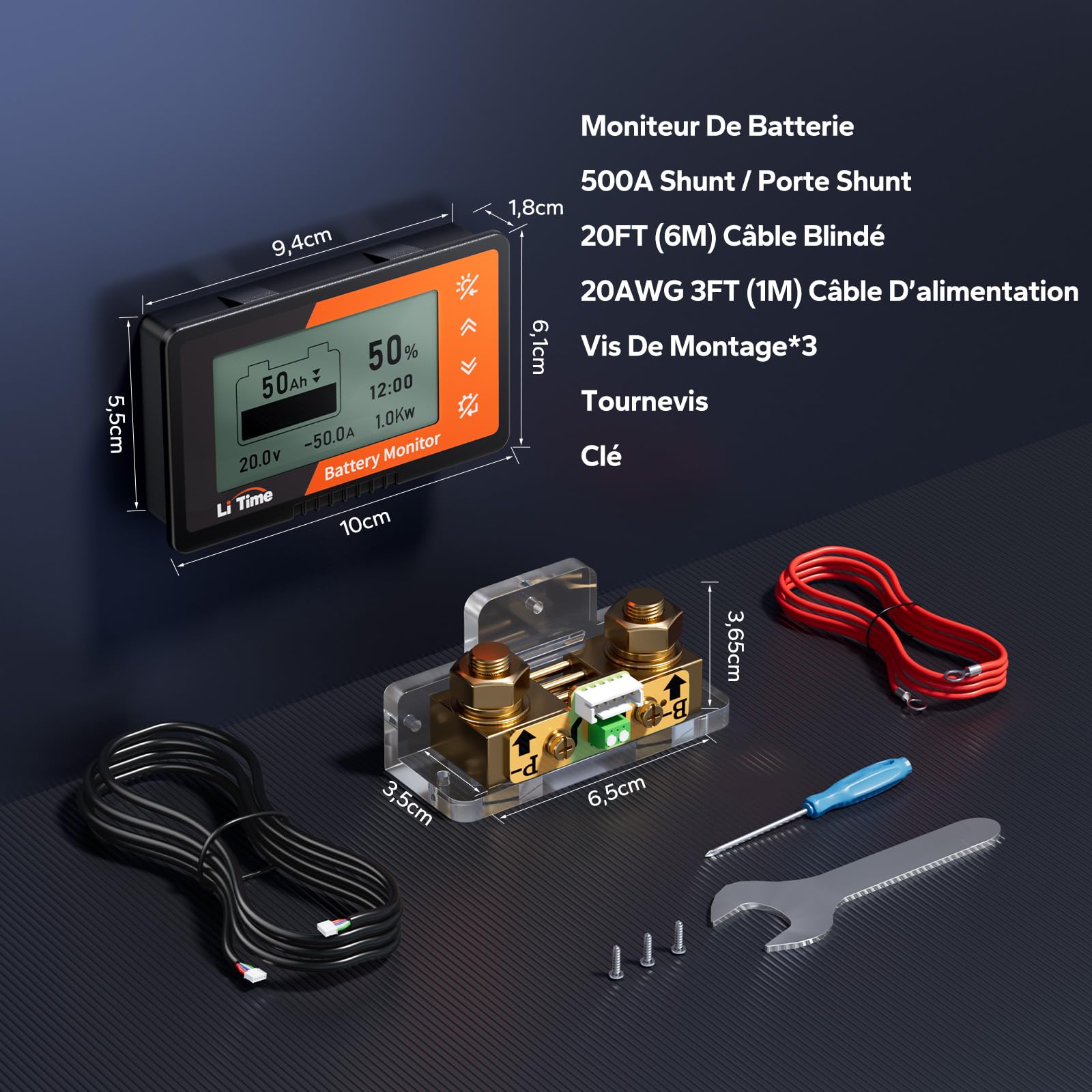 LiTime Moniteur de batterie avec shunt 500 A 8 V-120 V pour camping-car, chariot de golf, batterie solaire avec écran LCD, alarme buzzer, capacité, pourcentage de temps, affichage voltmètre