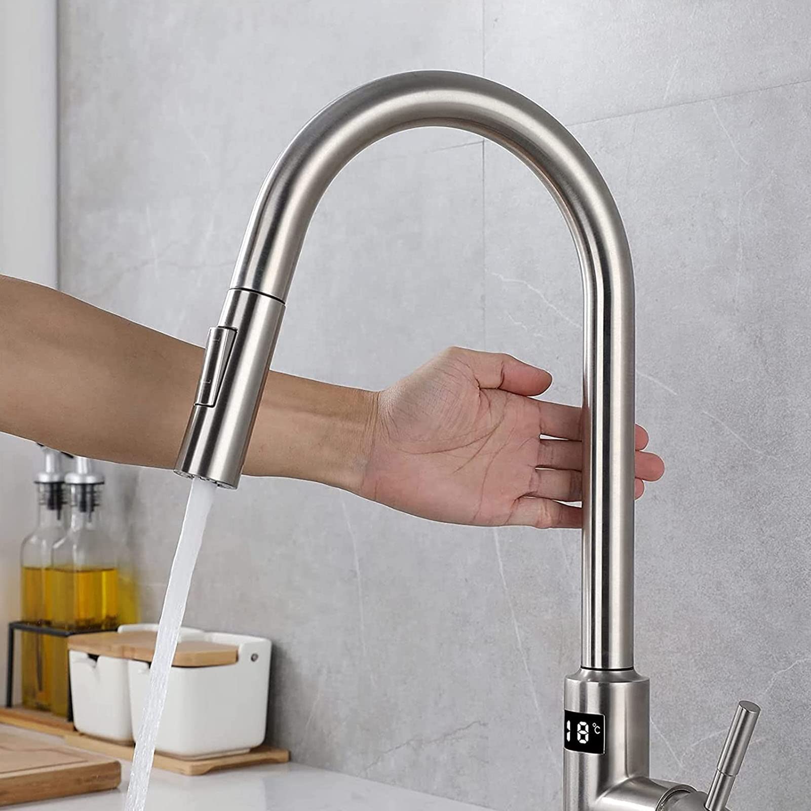 Touch Küchenarmatur mit Ausziehbarer Brause, Smart Sensor Küchenarmatur mit Temperaturanzeige, Mischbatterie Küche, Edelstahl Wasserhahn Küche, 360° Schwenkbar Spültischarmatur