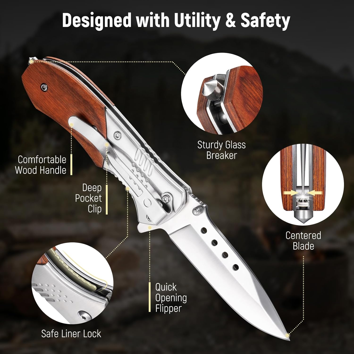 KEXMO Pocket Knife for Men - Sharp Blade Wood Handle Pocket Folding Knives with Clip, Glass Breaker - EDC Knives for Survival Camping Fishing Hiking Women, Small, Silver