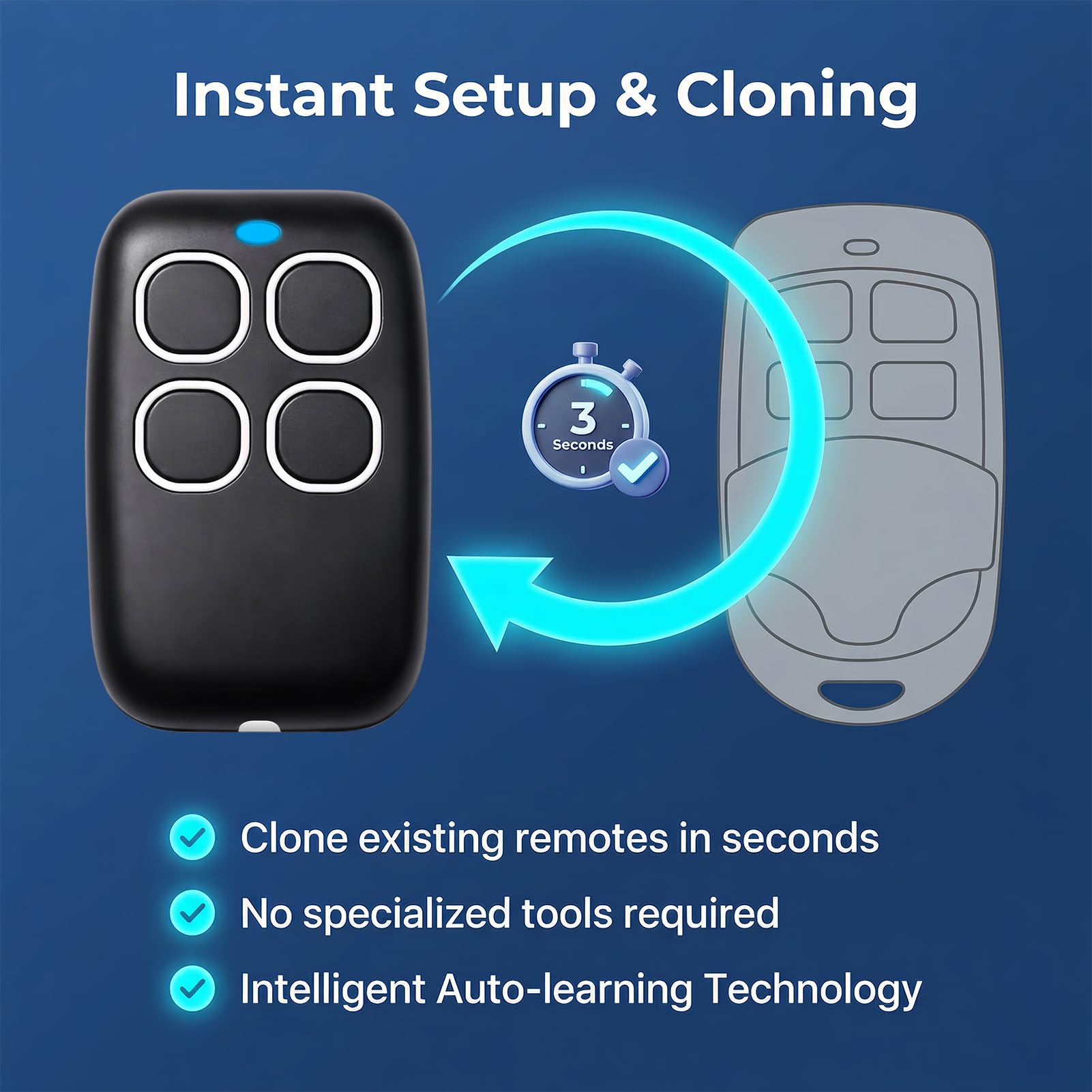 Mando Garaje Universal 4 en 1 250-913MHz, Clonador para Puerta de Garaje y Sistemas de Automatización, Programación por Aprendizaje Automático, Rolling Code Código Fijo, Blanco