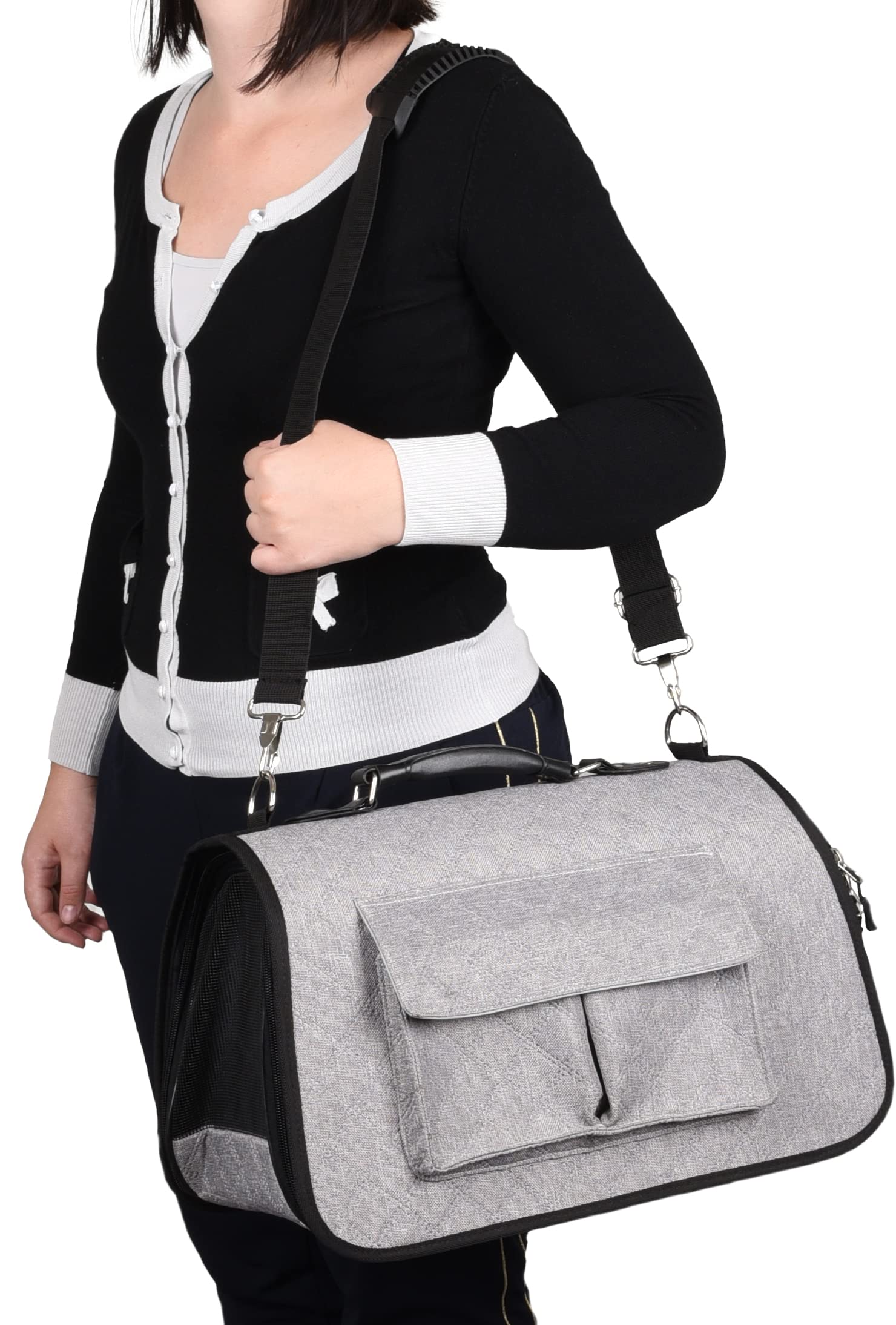 Flamingo Sac de Transport Chat – Chien Amy Gris – 45×21×28 cm – Textile – Ouverture Frontale – Cadre ventilé – Sangle sécurité – bandoulière – 2 Poches Velcro