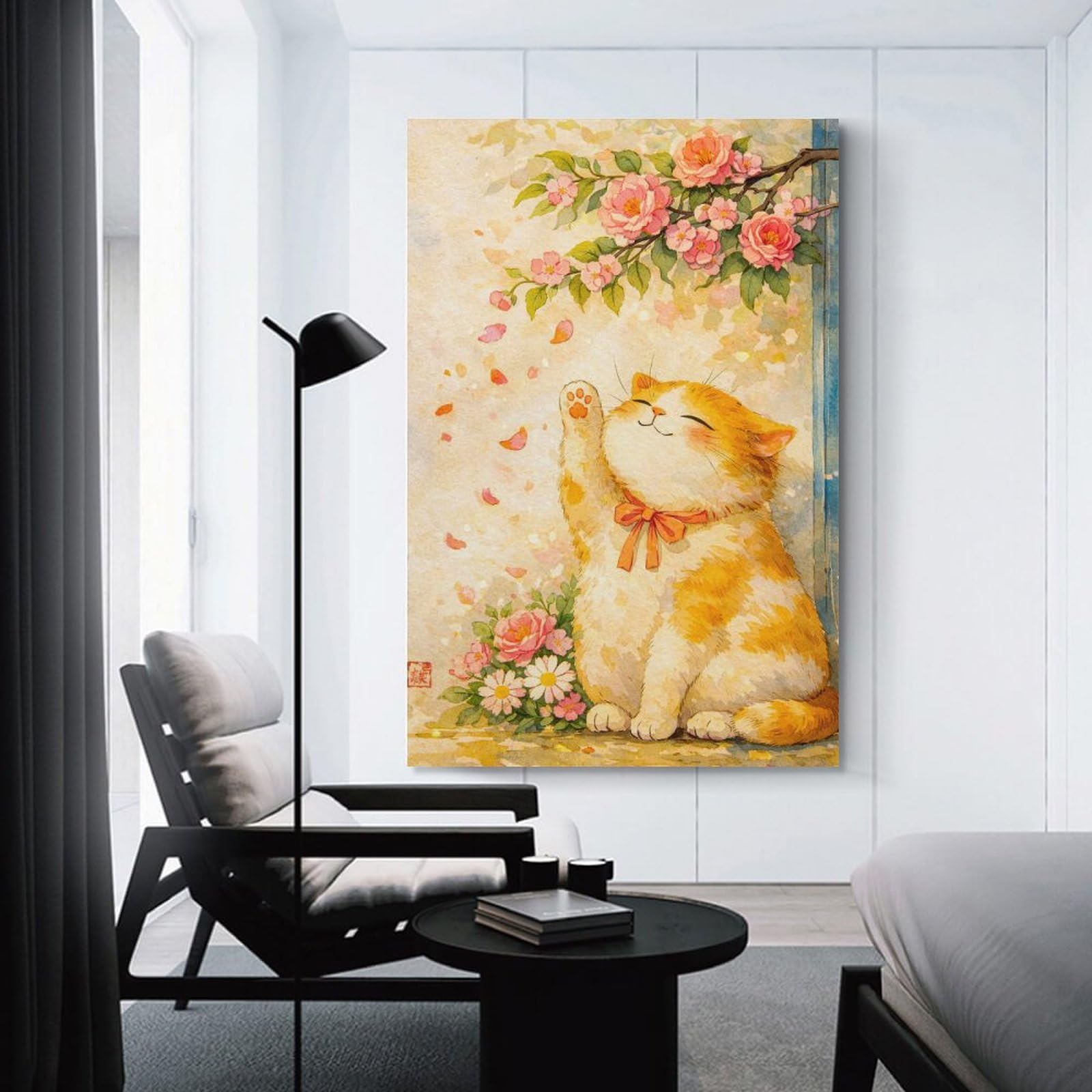 Junmoney Unframe-Style-19 Cute Cat With Flowers Decorative Wall Artwork 24X36inch(60X90cm), For Front Hall, Corridor Or Welcome Spaces, Decorative Wall Art For Narrow Spaces