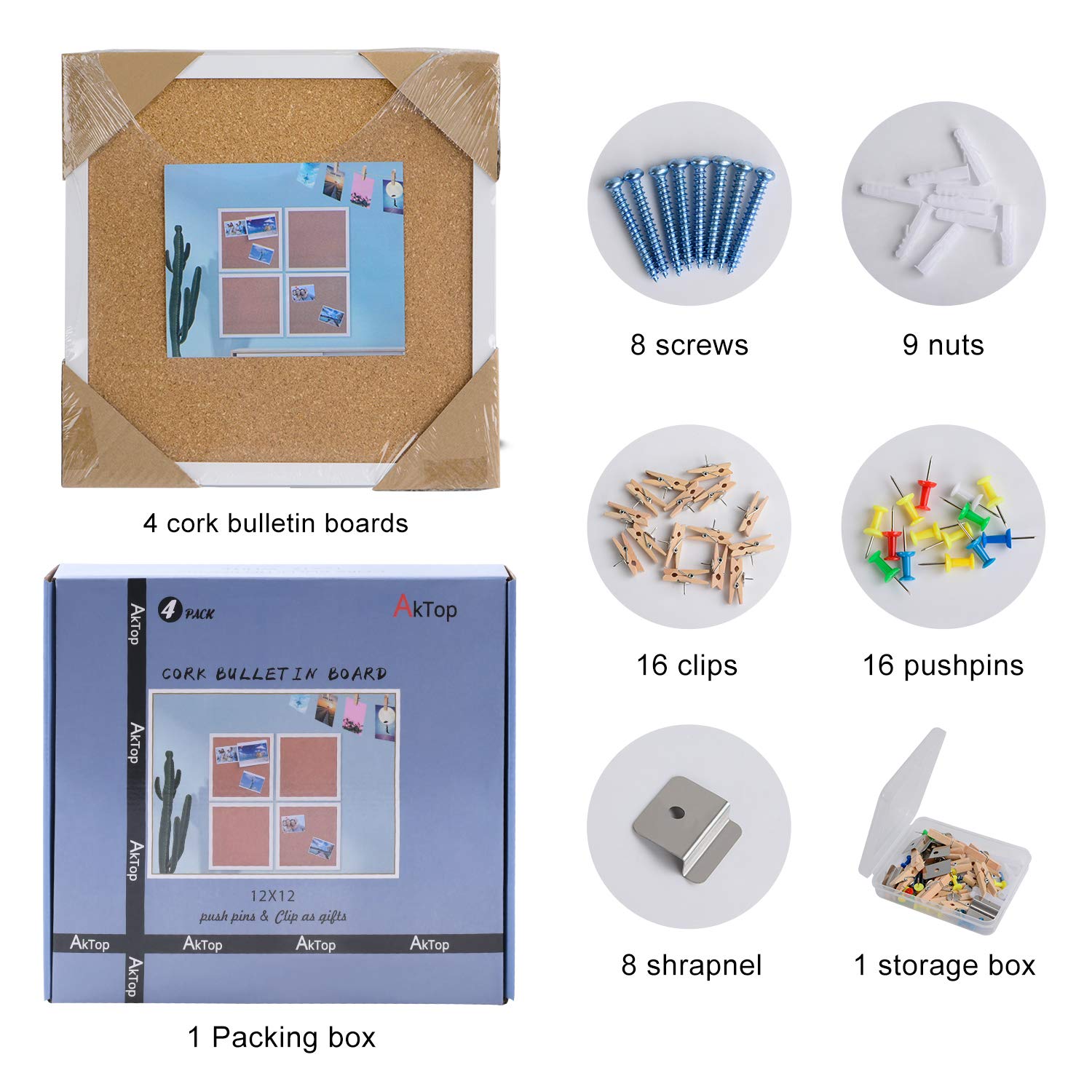 AkTop Tablica ogłoszeń z korka 30 x 30 cm, biała rama korkowa 4 sztuki, mała kwadratowa tablica pinowa na ścianę, mini grube płytki korkowe z 16 pinami, drewniane klipsy do szkoły, domu i biura