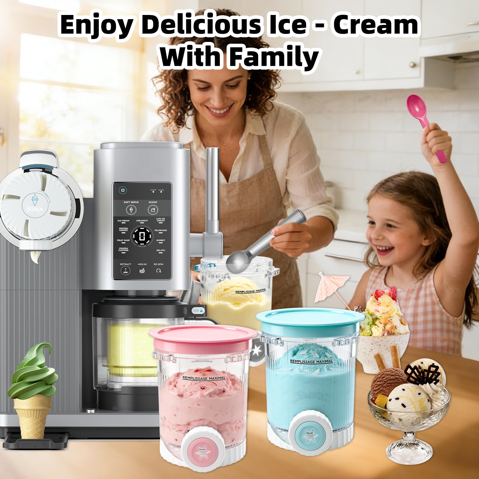 4 pojemniki na lód dla Ninja Swirl Creami 480 ml, kompatybilne z Ninja Creami NC700 i NC701-nie zawiera BPA, nadają się do mycia w zmywarce, akcesoria do lodów Ninj a (4 kolorowe łyżki i 1 duża łyżka)