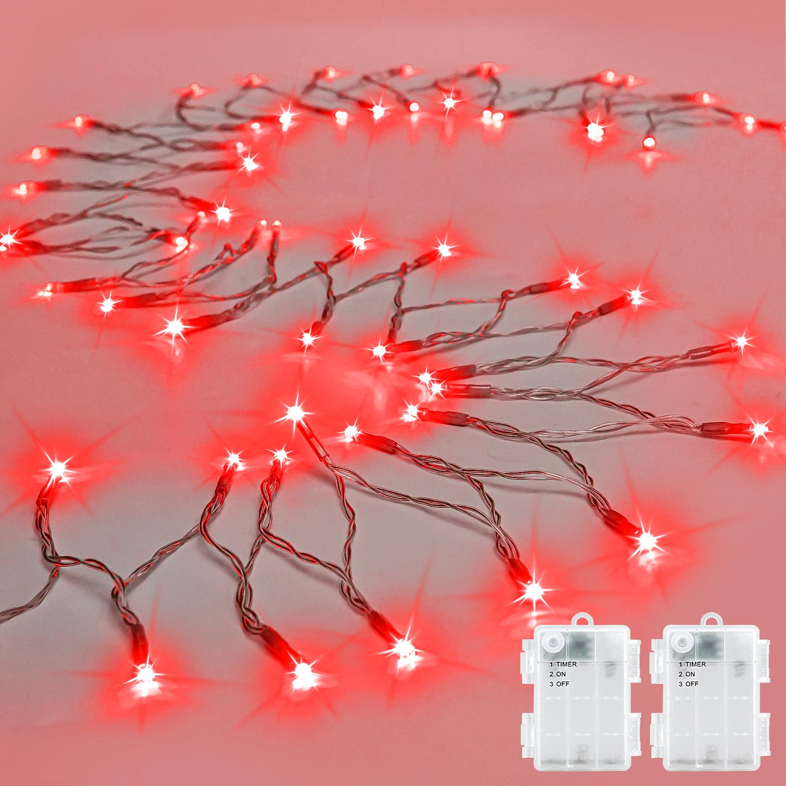 String Lights Outdoor Waterproof 9.8ft 30 LED, Red Fairy Lights Battery Operated with Timer Clear Wire for Indoor & Outdoor Christmas Vanlentines Decorations Garland Party Garden 2 Packs