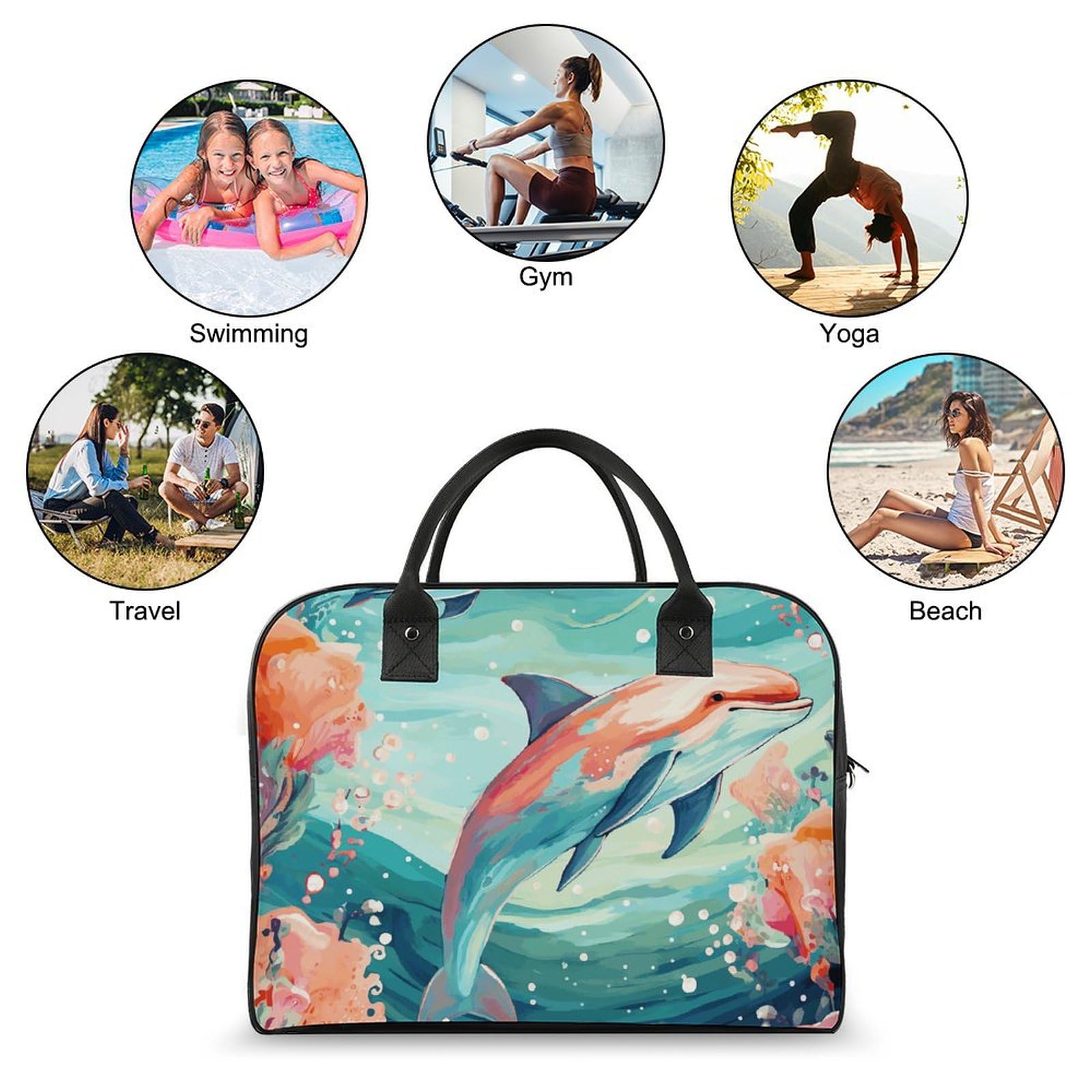 Multifunktionale Reisetasche, schöner Delfin-Druck, Reisetasche, Handgepäcktasche, Übernachtungstasche, Wochenendtasche, Schwarz, Einheitsgröße, Schwarz, Einheitsgröße