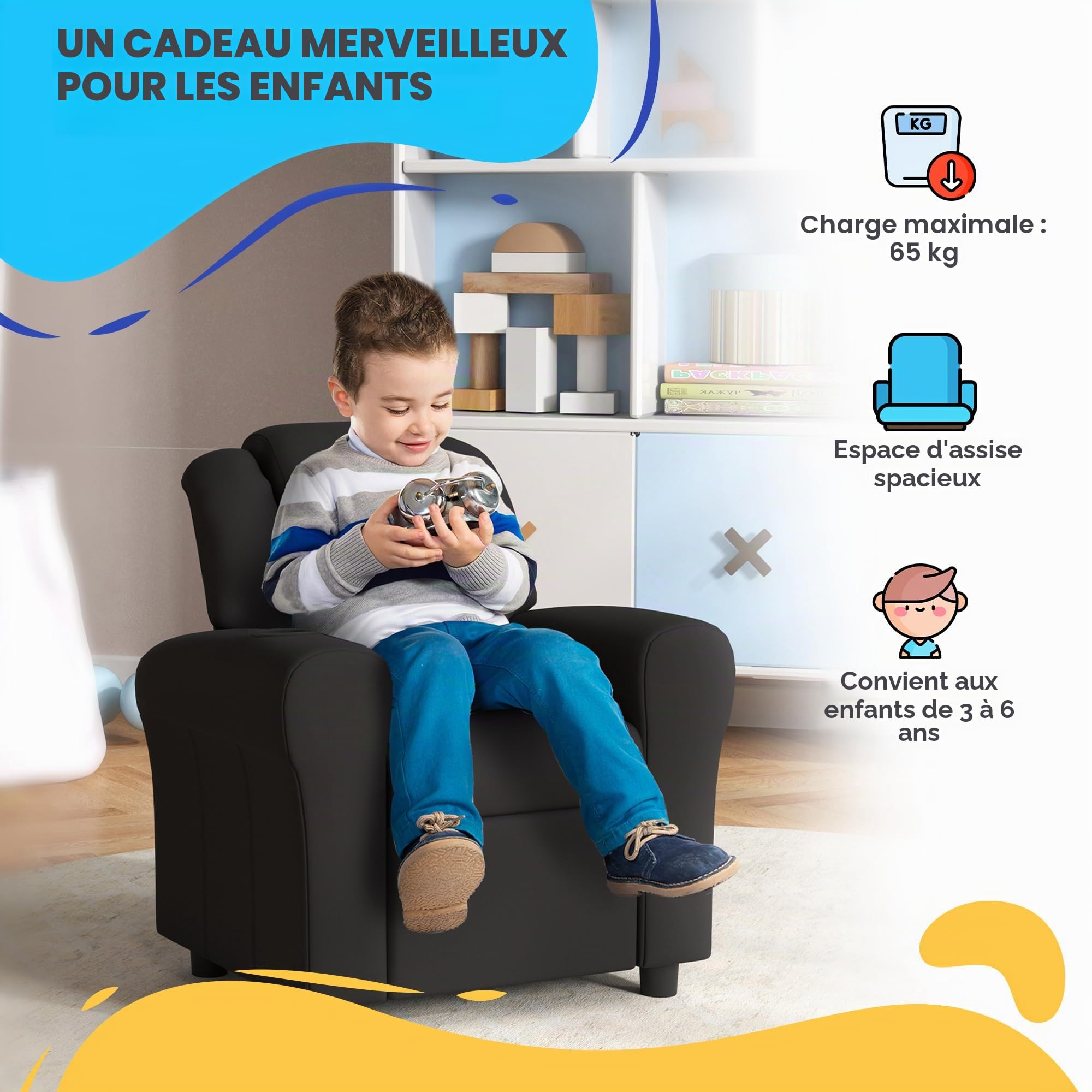 HOMCOM Fauteuil de Repos pour Enfants, Fauteuil pour Enfants en Cuir PU, pour, pour Jeunes avec Dossier réglable, Repose-Pieds, Appui-tête rembourré, Porte-gobelet,