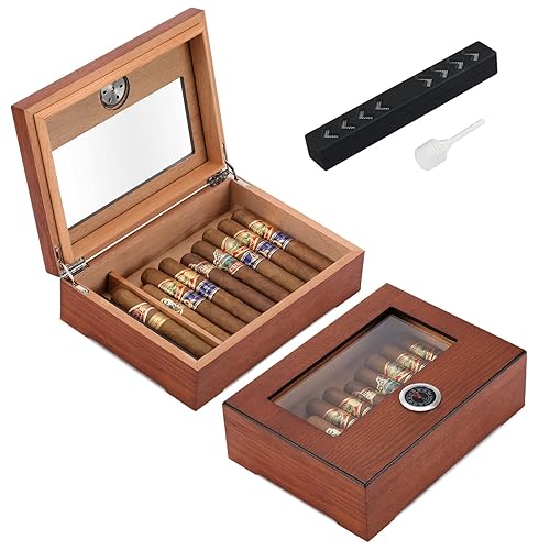 TISFA Cigar Humidor, Glass Top Cigar Box with Hygrometer Humidifier