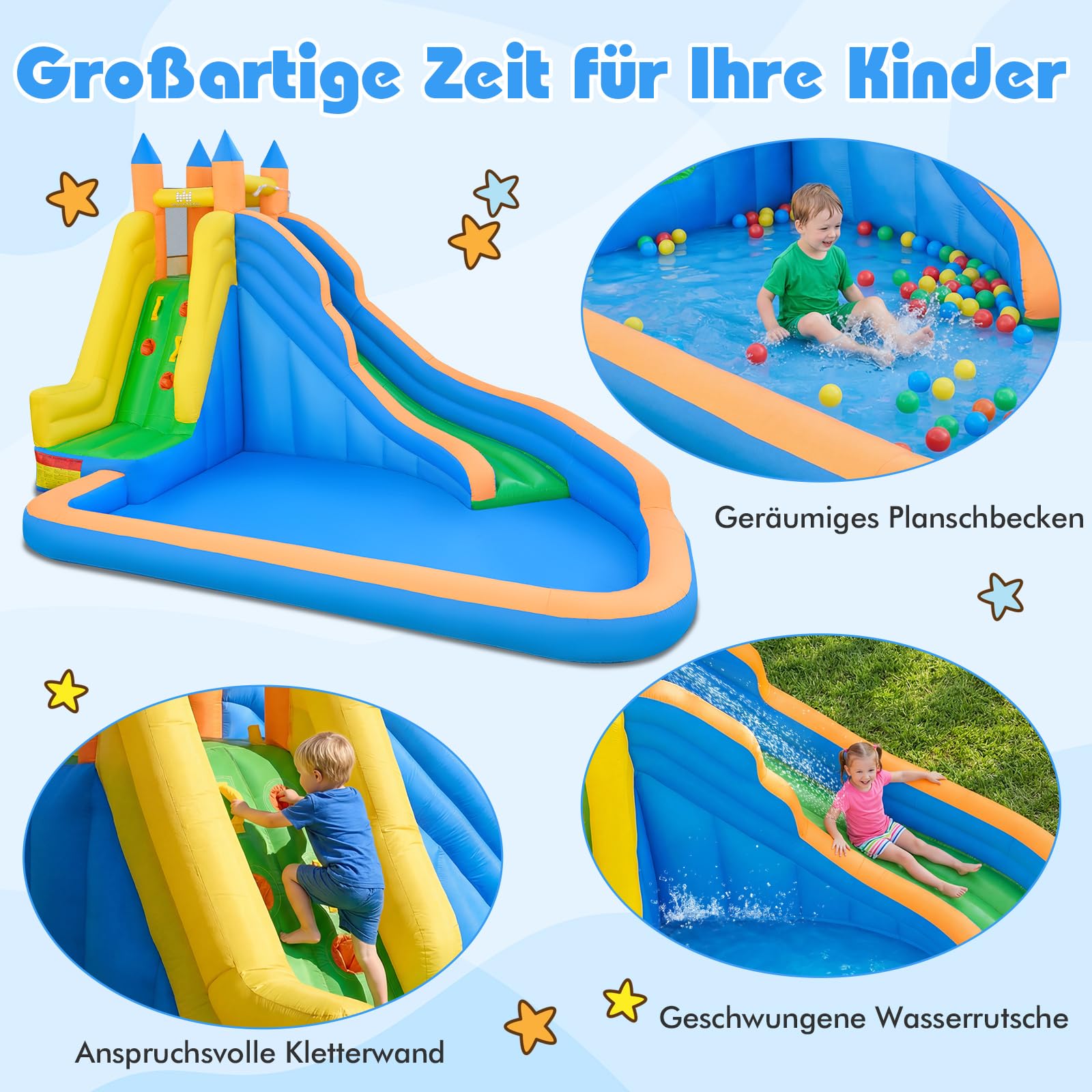 COSTWAY Hüpfburg mit Rutsche, Kletterwand & Planschbecken, Wasserhüpfburg für Kinder ab 3 Jahren, Wasserpark für Außenbereich, 400 x 309 x 245 cm