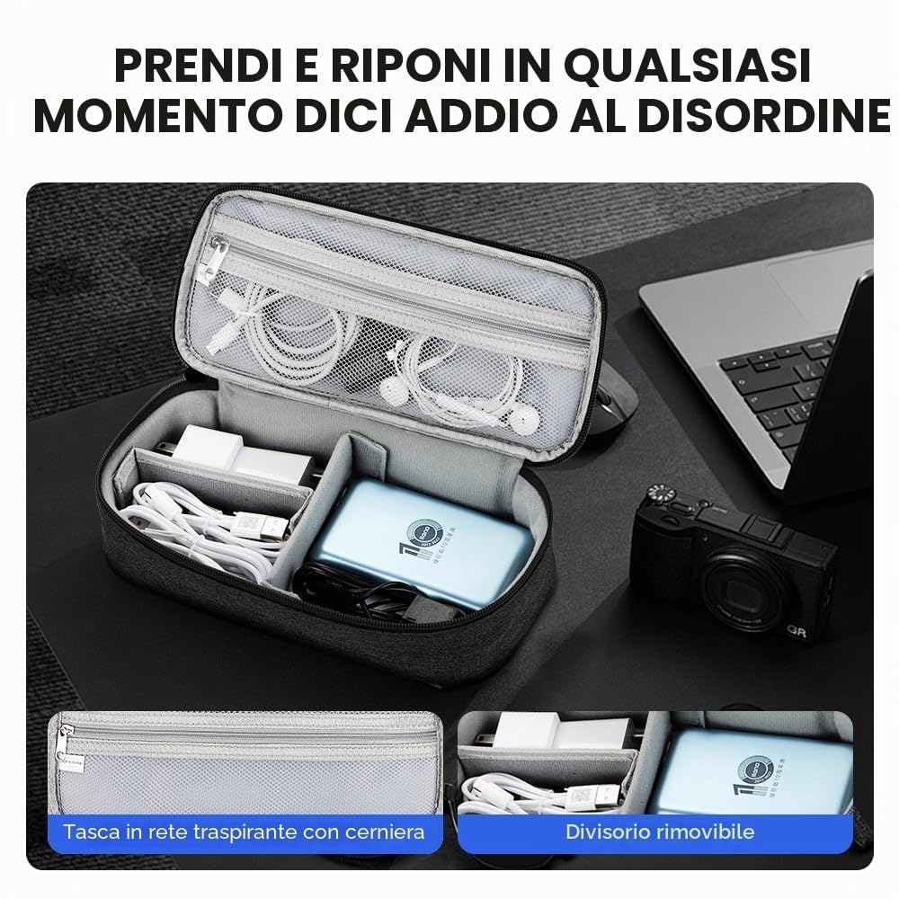Teskyer Travel Tech Pouch - Borsa organizer portatile per cavi, accessori elettronici, custodia organizer da viaggio per caricabatterie, auricolari, power bank e hard disk, Nero , 25 x 12 x 6.5 cm