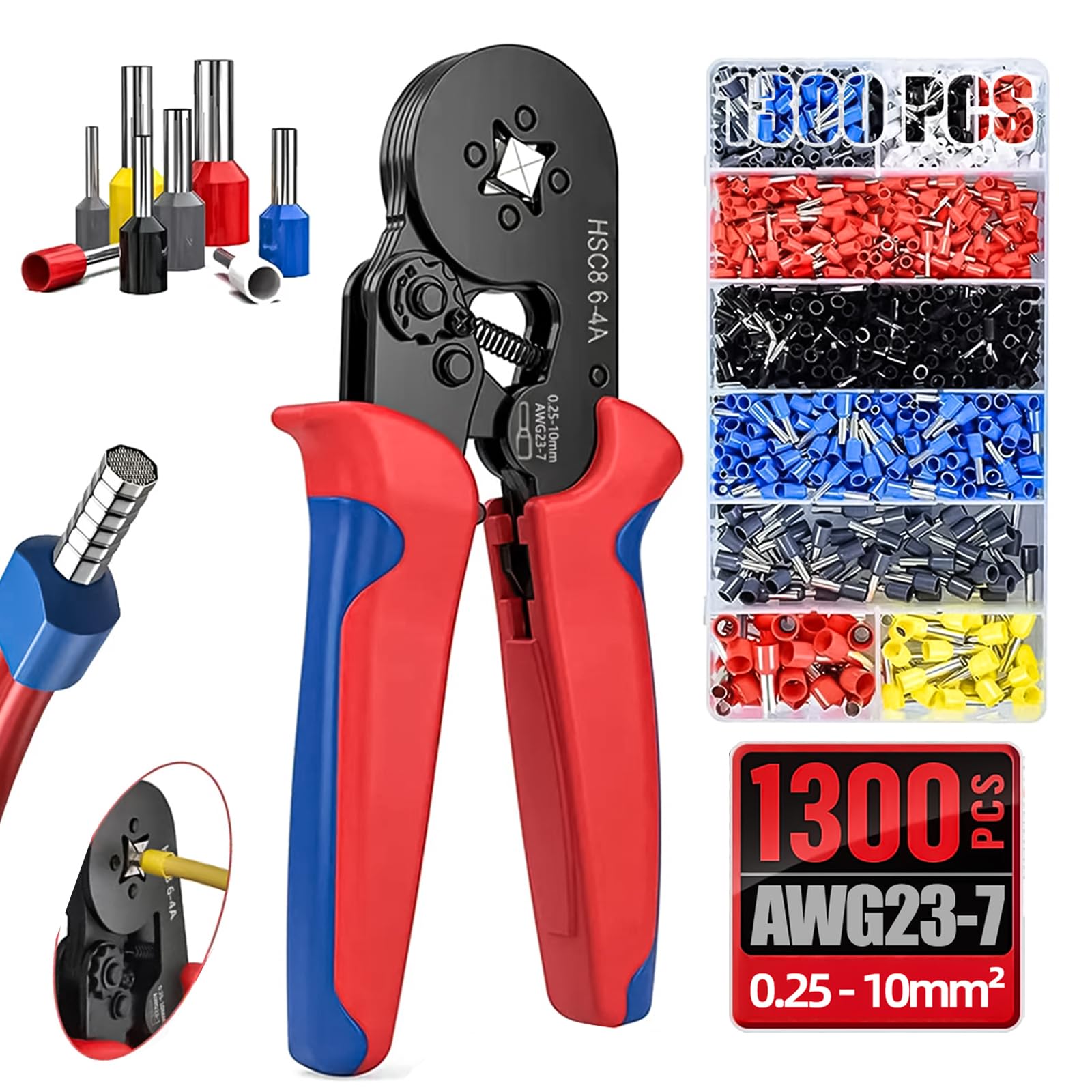 Zestaw 1300 szczypiec zaciskowych do tulejek kablowych – samoregulujące szczypce do tulejek kablowych 0,25 – 10 mm² – kwadratowe zagniatanie z funkcją grzechotki i ergonomicznym uchwytem – narzędzia